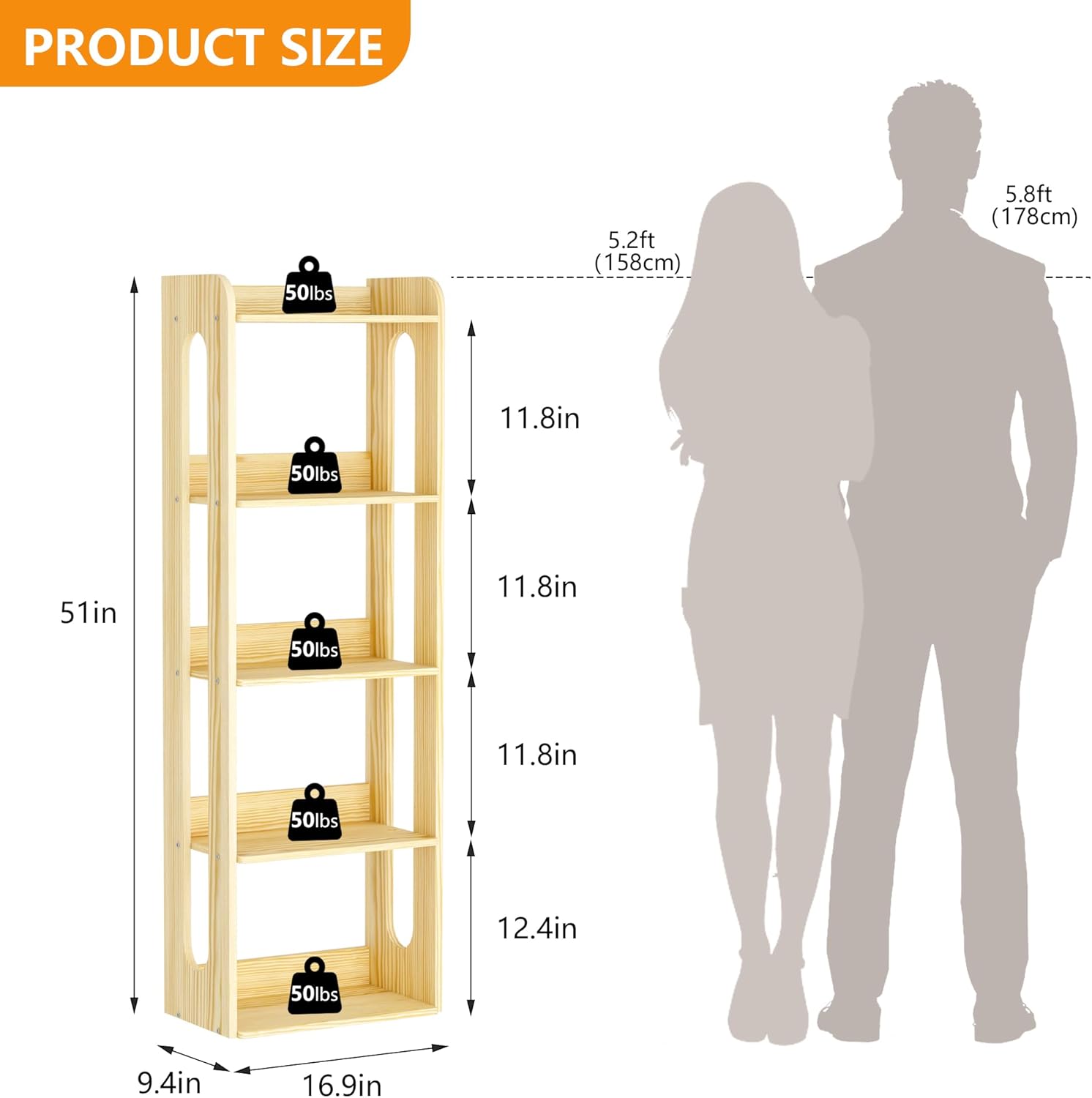 5 Tier Tall Solid Wood Bookshelf - Narrow Open Shelf Wooden Bookcase, Floor Standing Display Storage Rack Bookshelves, Large Rustic Corner Book Storage Organizer for Bedroom, Study Home Office