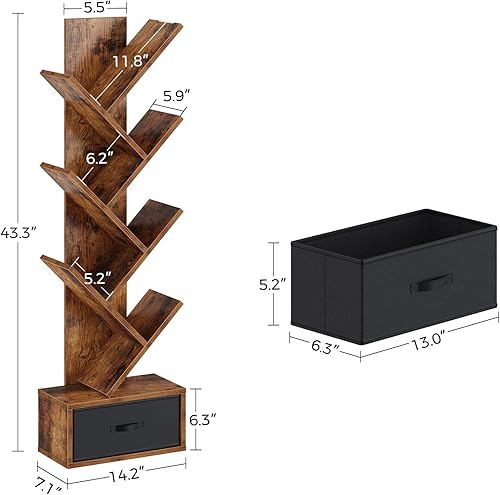 Miniatura 3 de Rolanstar Estantería con cajón, estantería de árbol de 7 estantes, estantes de madera para CDspelículaslibros, estantería rústica color marrón,