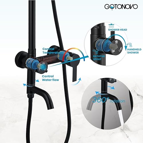 Miniatura 8 de gotonovo Juego de sistema de ducha con rociador de mano y boquilla de bañera, mango cilíndrico negro mate de 8 pulgadas, cabezal de ducha de lluvia