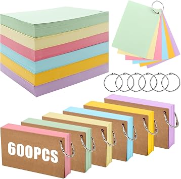 A6 Revision Cards, 600Pcs Lined Flash Cards with Metal Binder Ring, Coloured Flash Cards Revision for Language Learning and Office School Home Study Record Blank