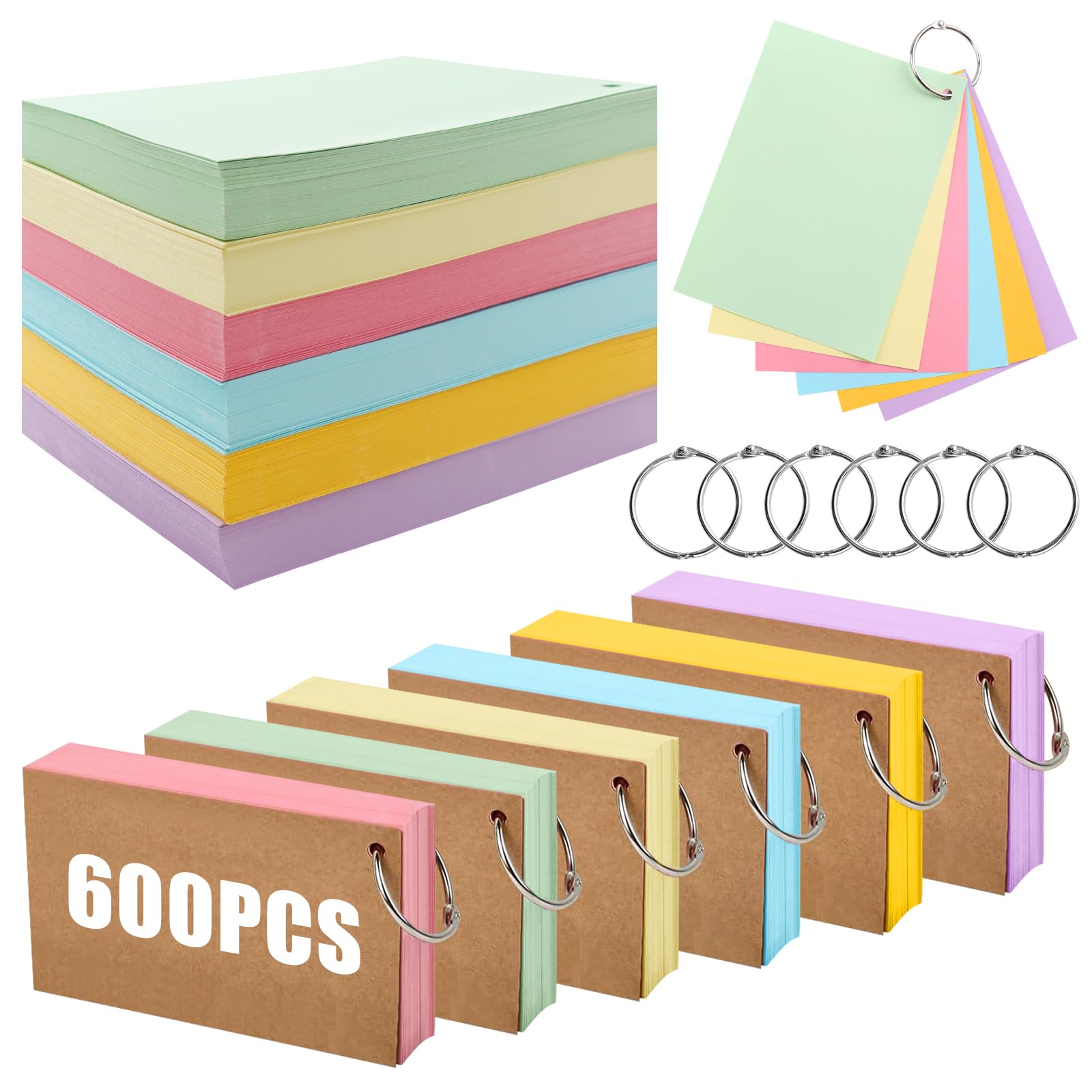 ABCDPP A6 Revision Cards, 600Pcs Lined Flash Cards with Metal Binder Ring, Coloured Flash Cards Revision for Language Learning and Office School Home Study Record (Blank)