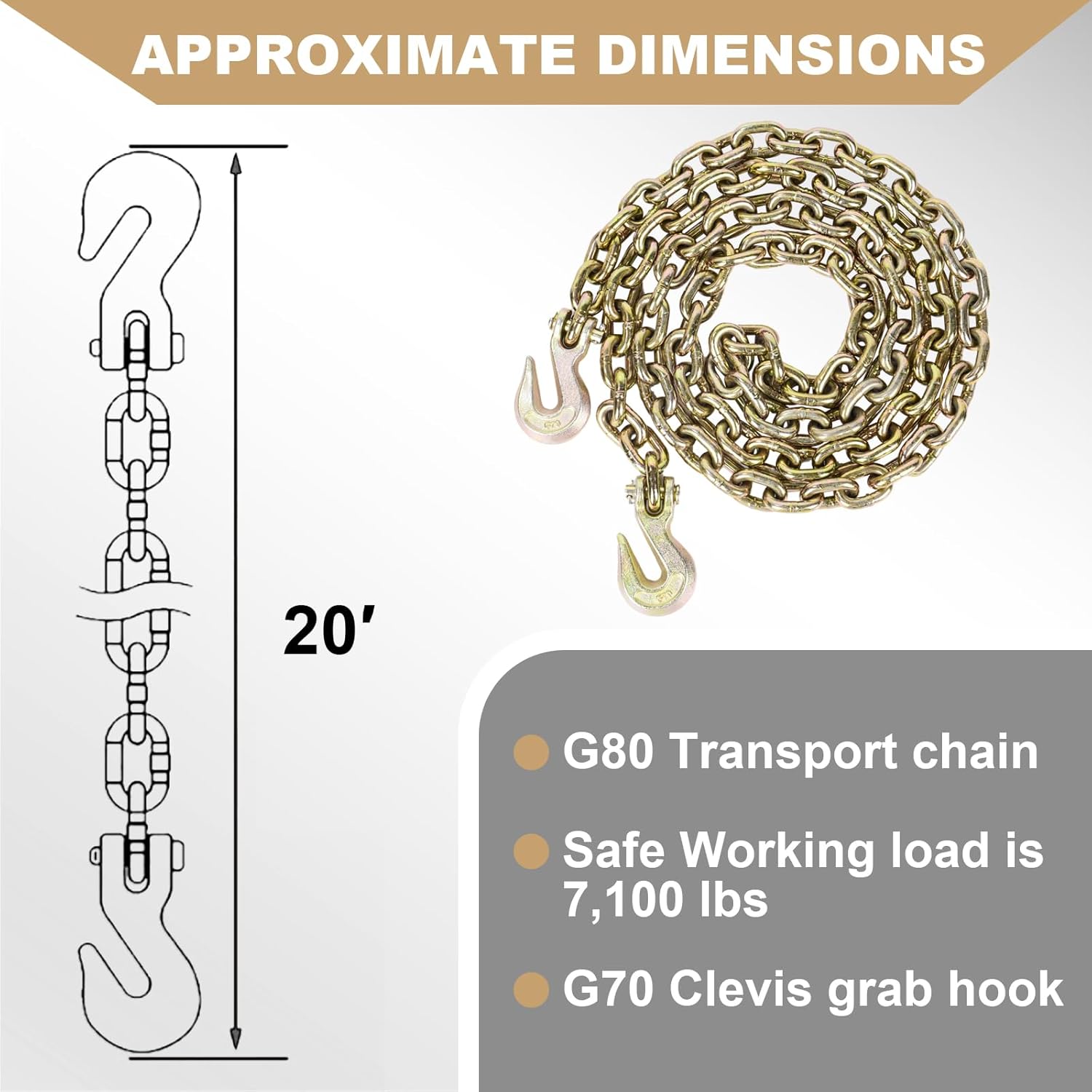 A A IN 2 Pack Binder Chains with Hooks 3/8 Inch x 20 Foot Log Chain for Load Tie-Down, Trailer, Flatbed, Farm Safety Tow Chain, WLL 4,900 lbs G80 Heavy-Duty Transport Chains