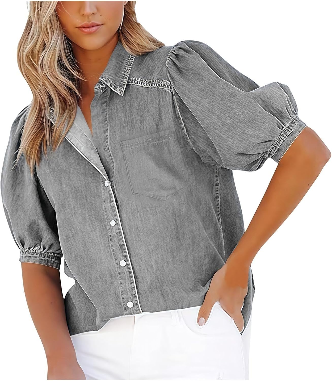 Puff Sleeve Blouse for Women Fashion Button Down Casual Shirts Summer Short Sleeve Collared Tops with Pocket