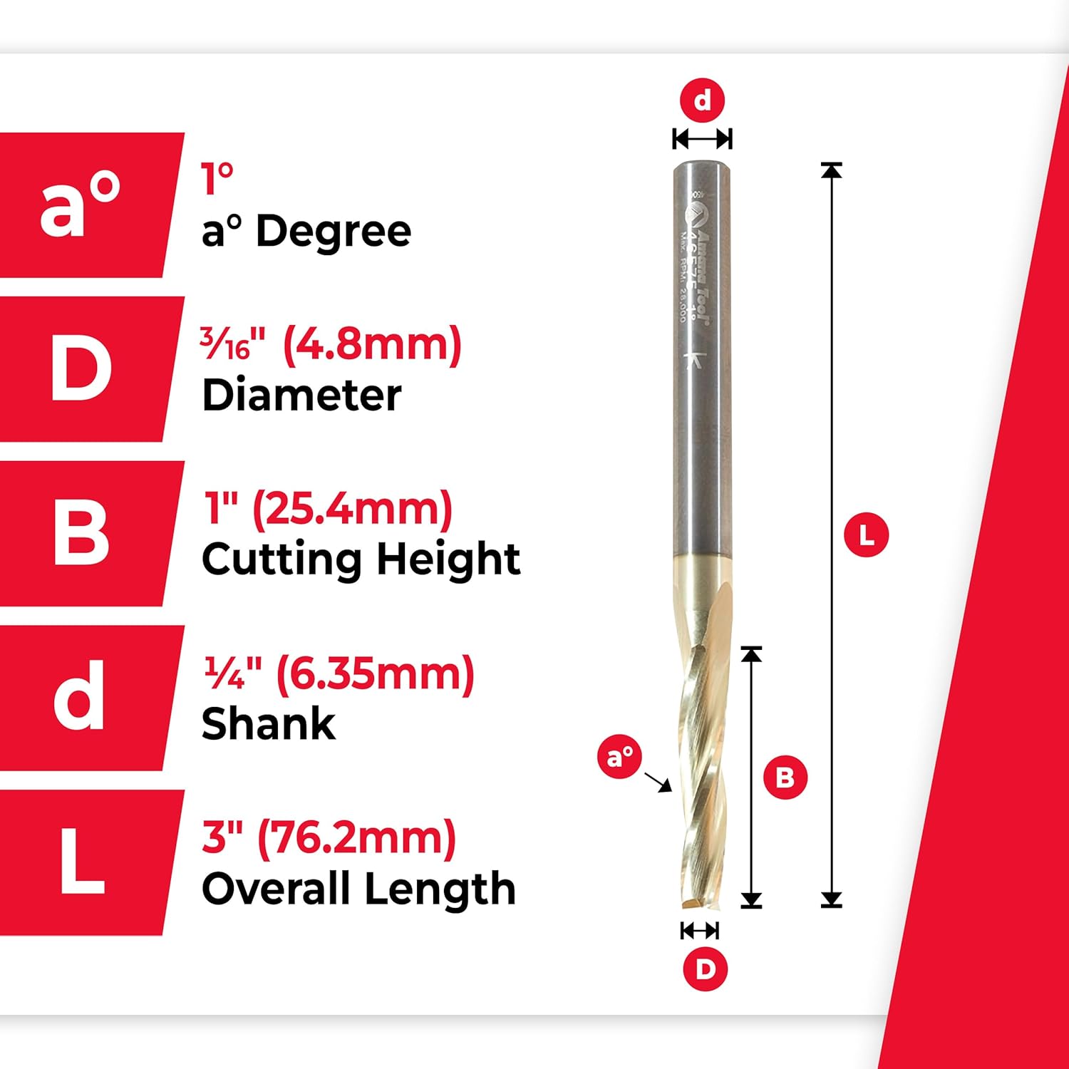 Amana Tool CNC Router Bits for 2D/3D Carving Flat Bottom, ZrN Coated, 46575, 1 Deg Angle x 3/16 Dia x 1 x 1/4 Shank x 3 Inch Long x 3 Flute