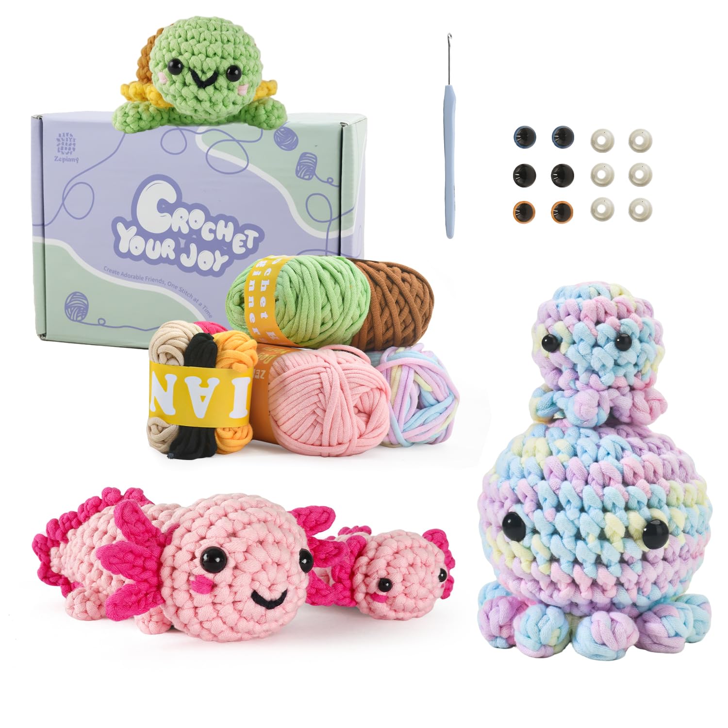 Zummipals Crochet Kit for Beginners, Crochet Kit with 40% Extra Yarn, Easy Crochet Kits for Adults, Beginner Crochet Kit with Step-by-Step Video Tutorials Turtle Axolotl Octopus, Ideal Crochet Gifts