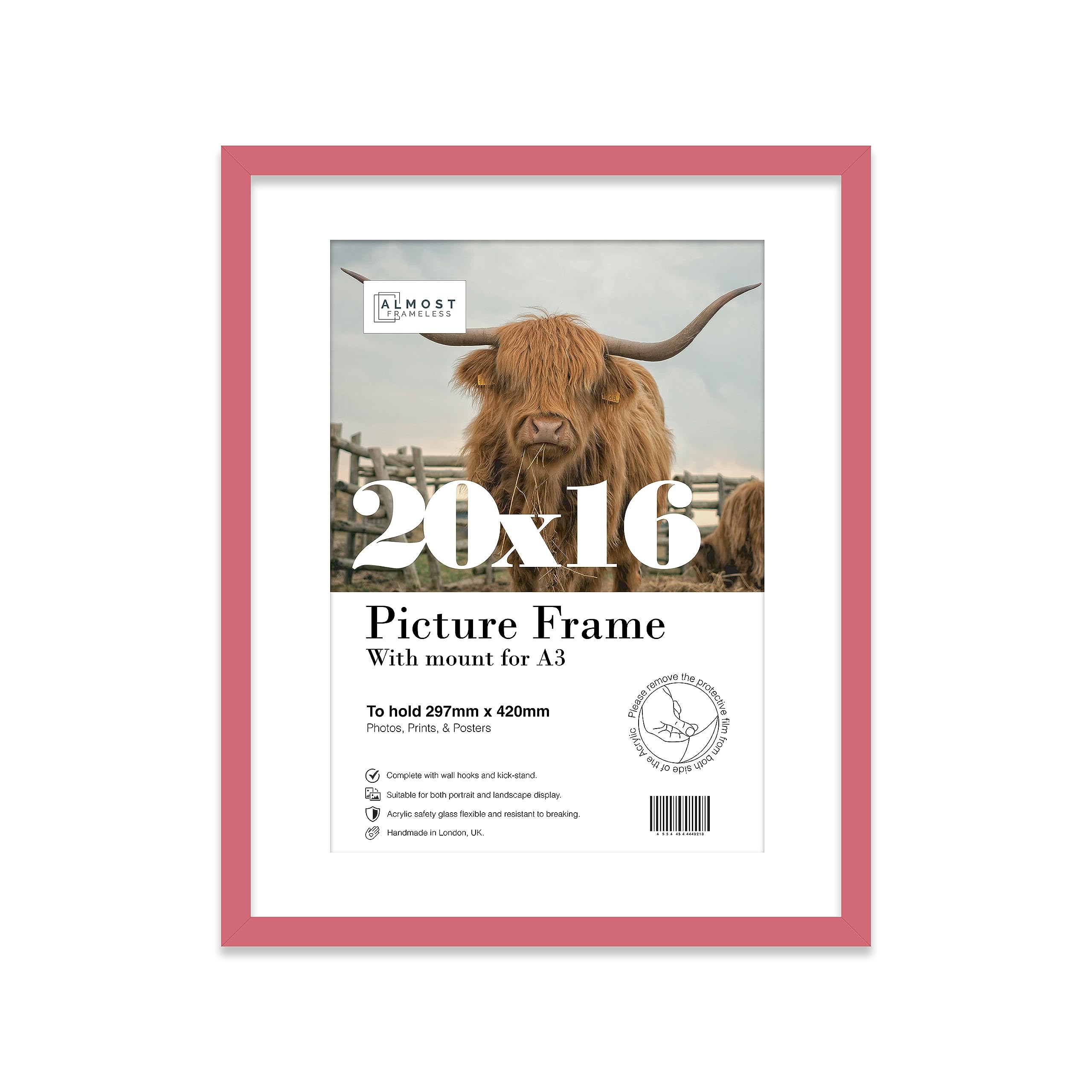 Almost Frameless 20x16 Pink Picture Frame With Mount for A3 Print, Poster or Photo Poster, Photo, Artwork, or Print. Thin Edge Slim Frame Portrait and Landscape Display with Wall Hooks