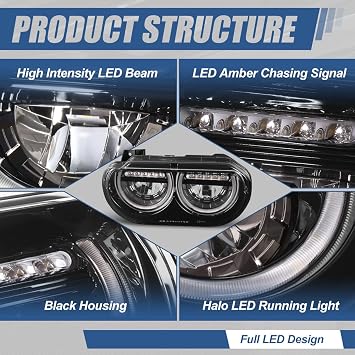 Auto Dynasty LED Halo Headlights Assembly Compatible with 2008-2014 Dodge Challenger, Driver Passenger Side Half-Ring HID Headlamps w/LED Sequential Chasing Signal & Adjuster Driver, Black Housing