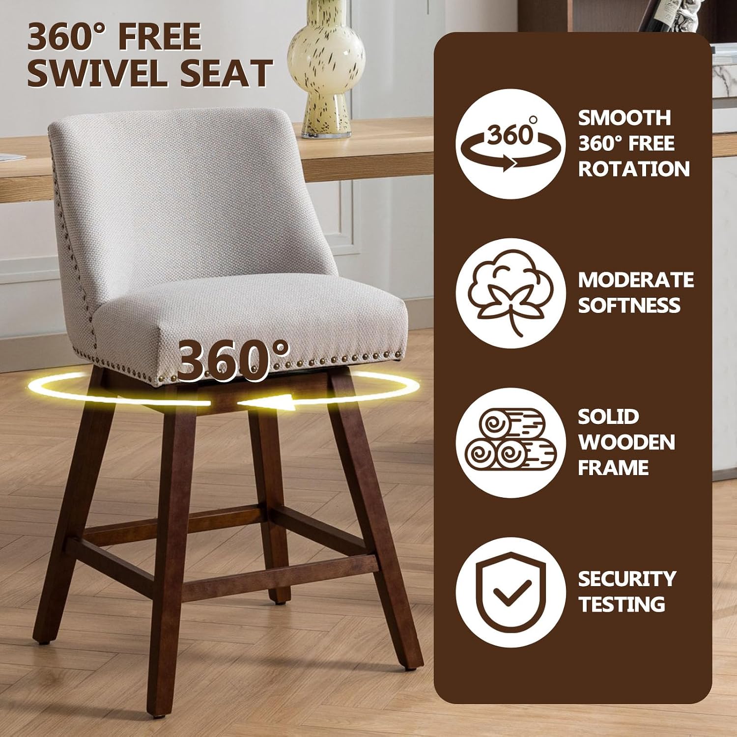 cinkehome Swivel Counter Height Bar Stool with Back Set of 2, 26" High Modern Barstools or Kitchen Island, Upholstered Bar Stools with Sturdy Wood Legs, Dinings, Pub