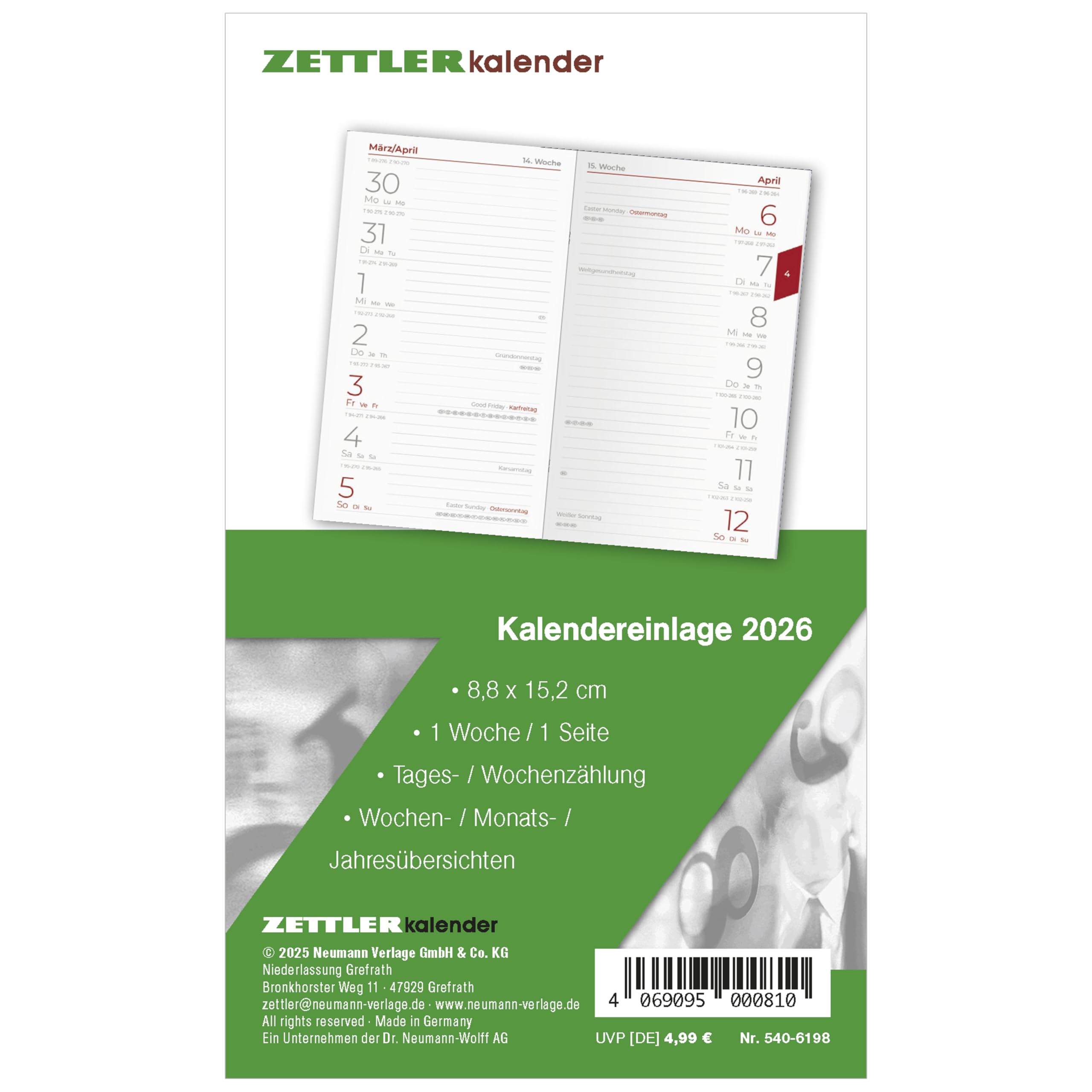 Zettler Kalenderersatzeinlage TP 1W/1S 2026 – Ersatzkalendarium 9 × 15 cm für Taschenplaner Typ 540, 64 Blatt, 1 Woche auf 1 Seite, Sonn- & Feiertage, Wochenzählung, Sonnenzeiten, geheftet, FSC