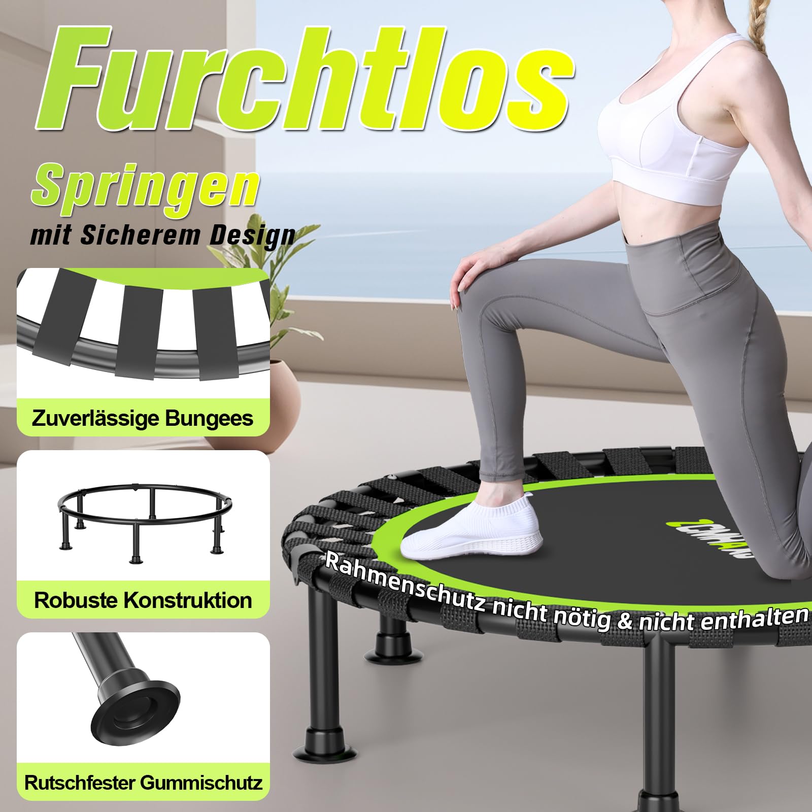 ZCMHAXJ Faltbares Mini-Trampolin, 101,6 cm, Rebounder-Trampolin für Erwachsene und Kinder, 204 kg Kapazität mit/ohne U/T-Form, verstellbare Stange, Indoor-Fitness-Workout-Übungsgerät