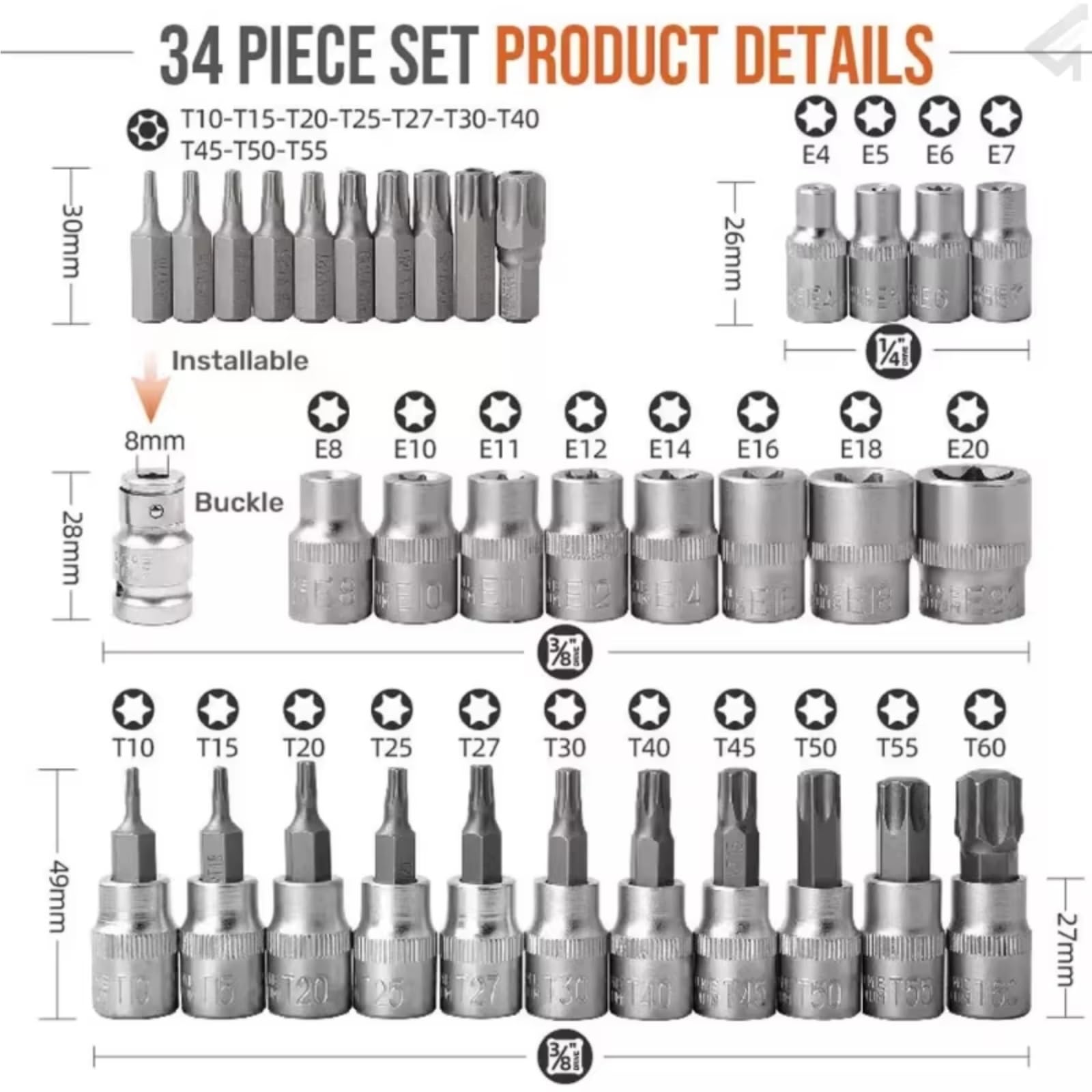 Coffret a cliquet dents et douilles Jeu De Douilles Et D'embouts Torx Star Outil Portatif Mâle/femelle Embouts Électroniques Couple D'entraînement 34 Pièces