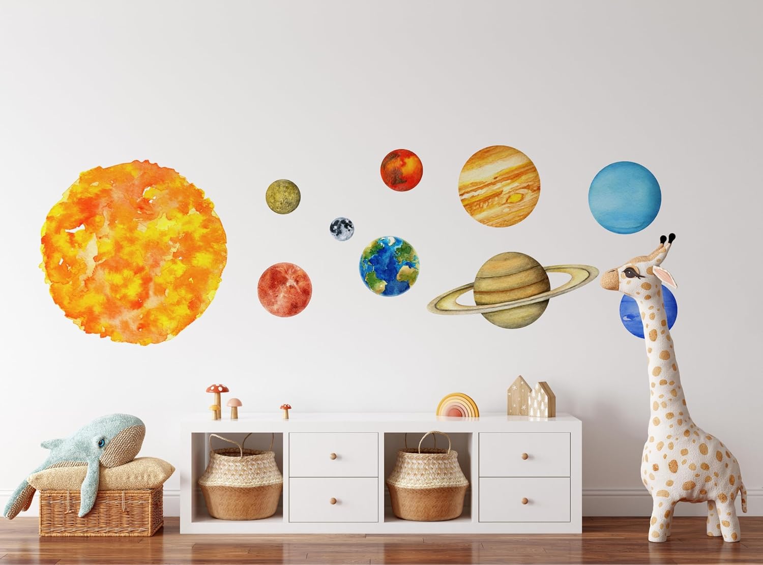 Watercolor Solar System Wall Decals for Kids Room, Planet Space Nursery Stickers, Peel & Stick Outer Space Decor, Educational Planet Wall Art for Boys, Set of 10 (Set of 10 with Full Sized Sun)