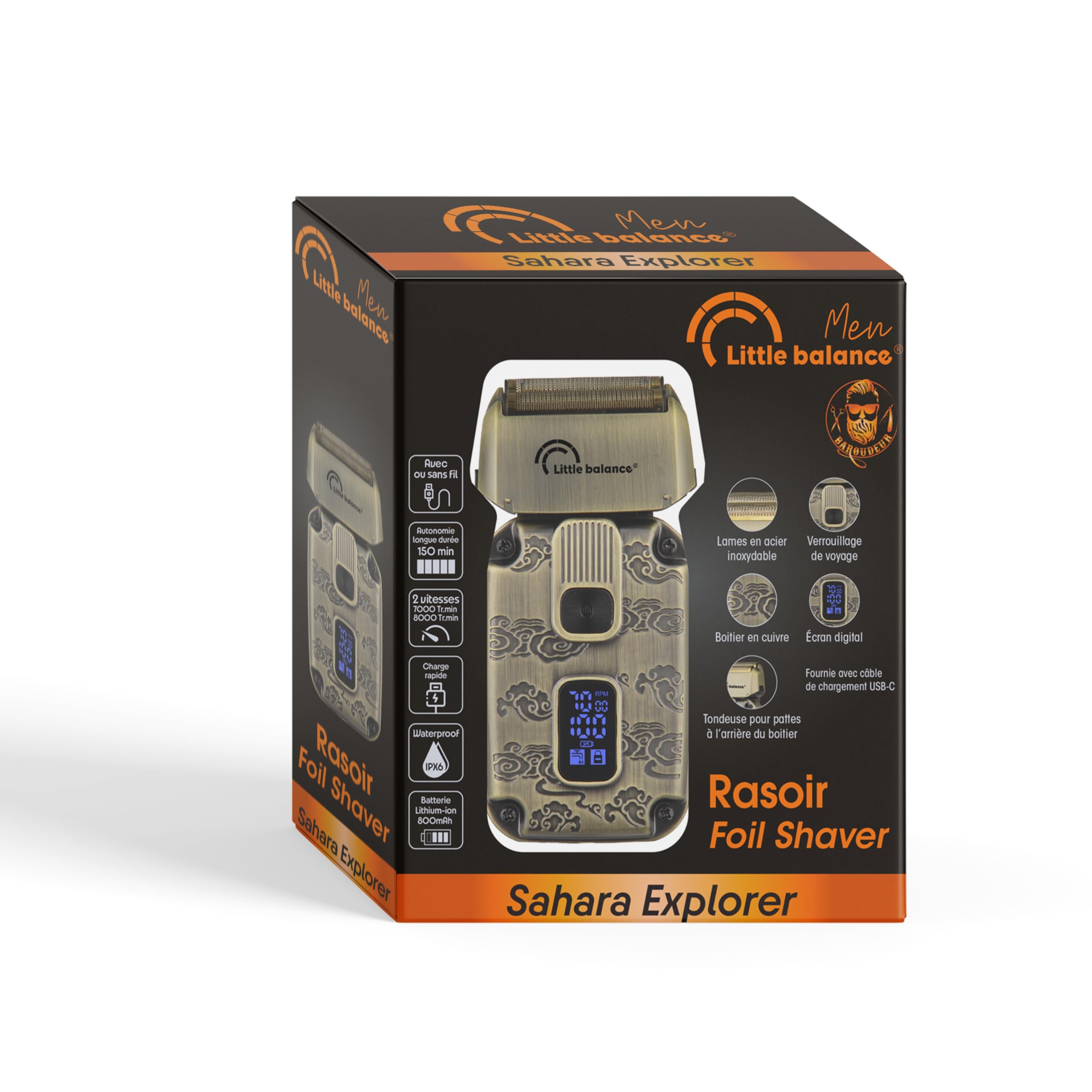 LITTLE BALANCE 8903 Baroudeur Sahara Explorer, Rasoir Electrique Homme, Etanche, 2 Lames flexibles, 2 vitesses, S'utilise avec ou sans fil, Autonomie 1h30, Charge rapide USB-C, Finition cuivre