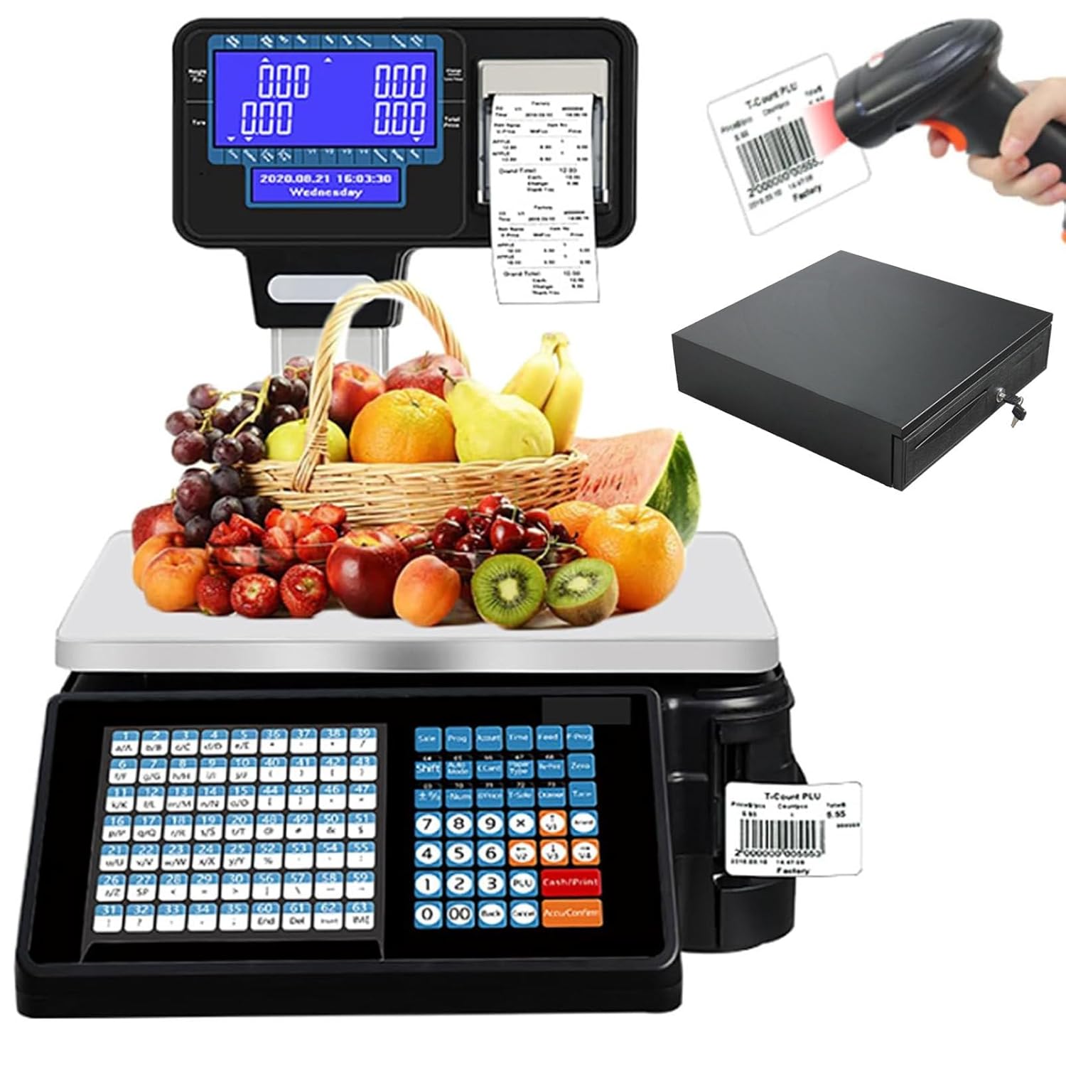 Digital Barcode Weighing Scales with Label and Receipt Printer, 30kg Capacity, Includes Scanner and Pole Display for Commercial Label Printing,Machine+Scanner+cashbox