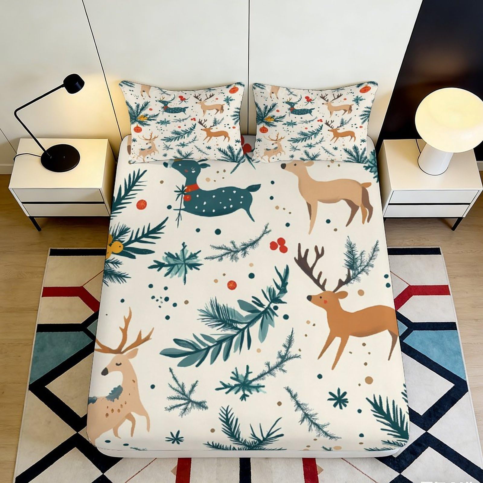 3D Printed Forest Deer Fitted Sheet Microfiber Soft Breathable Pine Tree Bed Cover for Bedroom Guest Room Decor 90x200x25cm