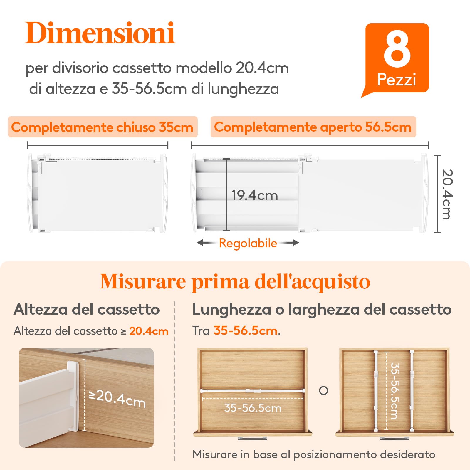 Lifewit Divisori per Cassetti Regolabili, Organizer per Armadio Salvaspazio, Separatore per Armadio, Cucina, Camera da Letto, Confezione da 8, Altezza 20.5 cm, 35-55 cm, Bianch