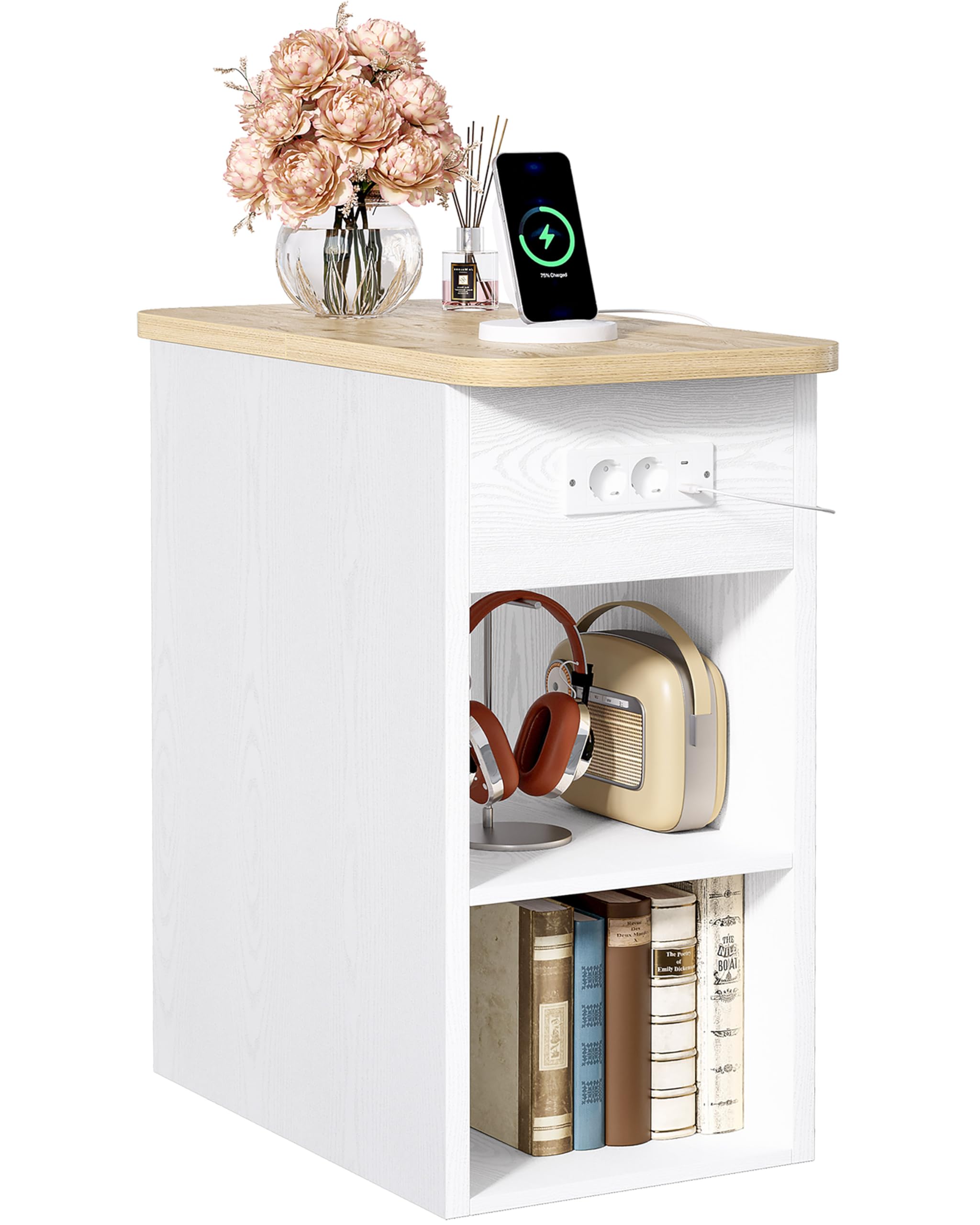 IRONCK Nachttisch schmal, Beistelltisch mit Steckdose 2 AC, 2 USB-Anschlüsse, Holz Sofatisch, Couchtisch mit Flip geheimfach, 2 offene Fächer, Nachtschrank für Wohnzimmer, Schlafzimmer,Weiß