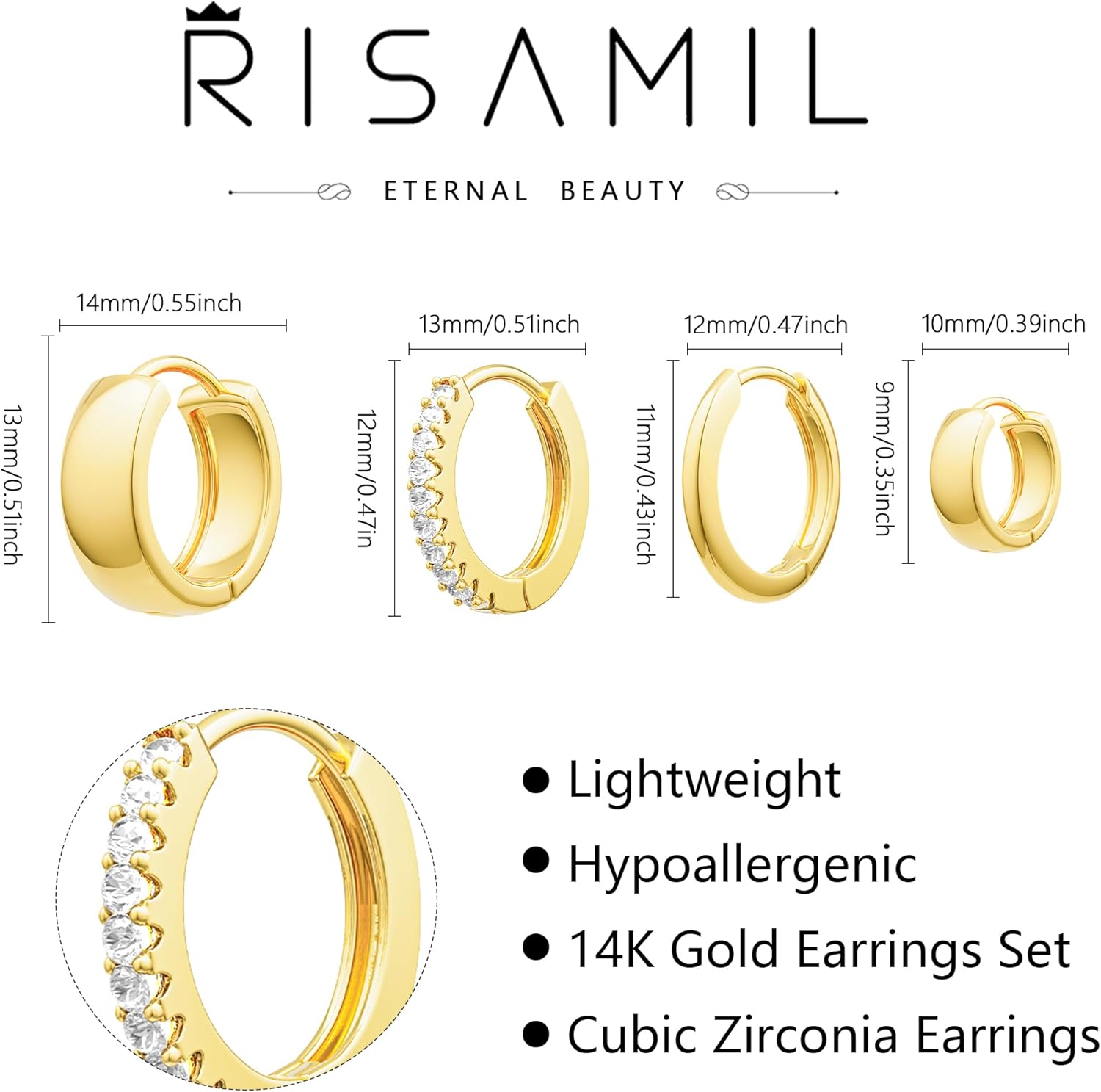 Risamil 14K Gold Plated Hoop Earrings for Women, Earrings for Women Trendy Hypoallergenic Cubic Zirconia Stud Earrings Dainty Small Hoops Chunky Huggie Earrings Set for Women Jewelry Gifts - Image 5