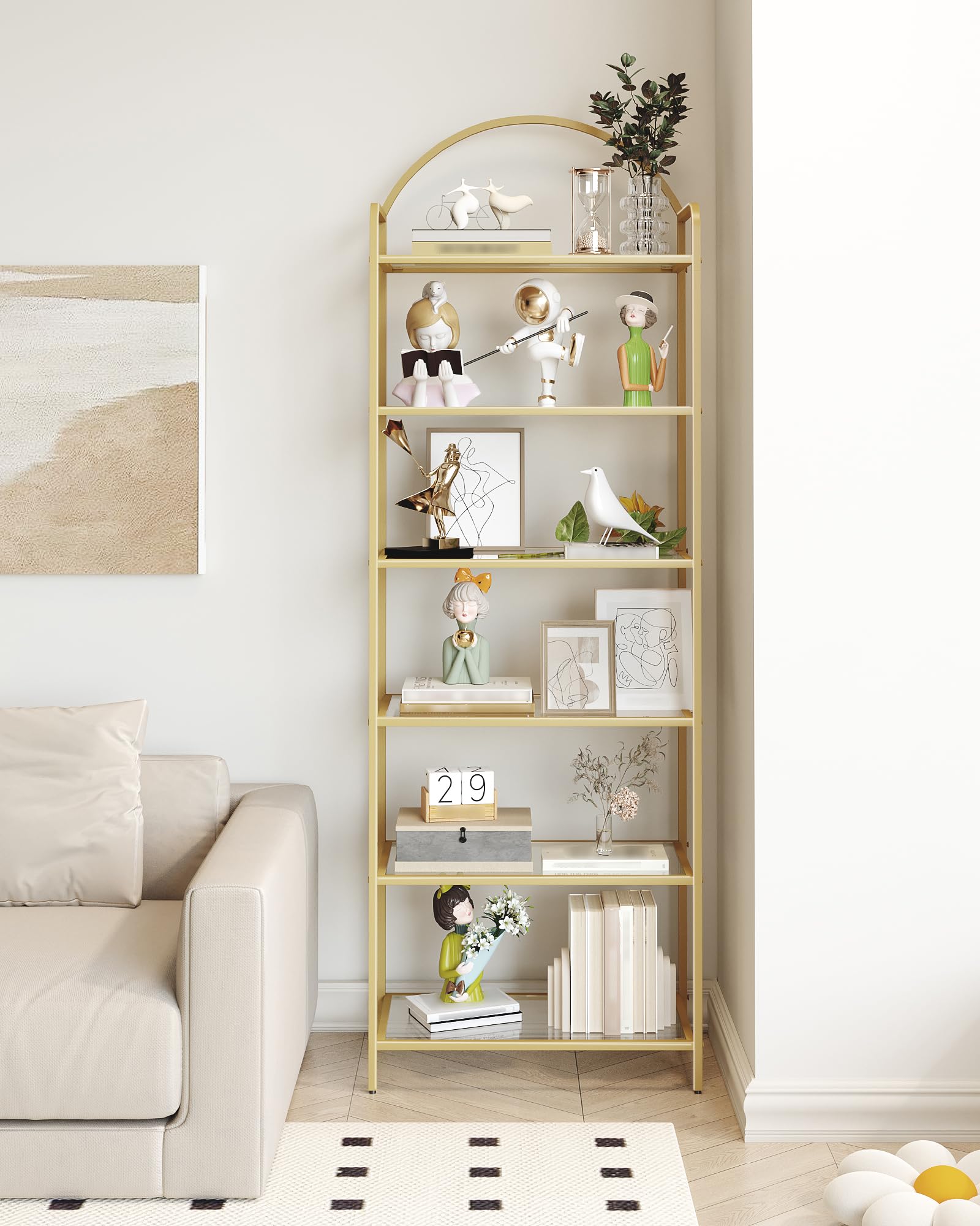 Hzuaneri Regal, Bücherregal aus gehärtetem Glas, schlankes Regal für Schlafzimmer, Badezimmer, Heimbüro, Stahlrahmen, 6 Ablagen Gold BC21699G