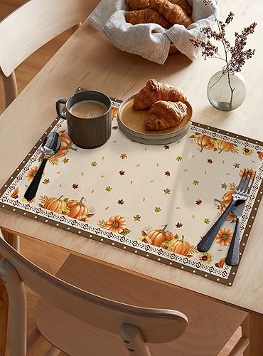 Miniatura 2 de Juego de 4 manteles individuales de tela lavable, manteles individuales coloridos de granja, arte de Acción de Gracias, calabaza, hoja de arce,