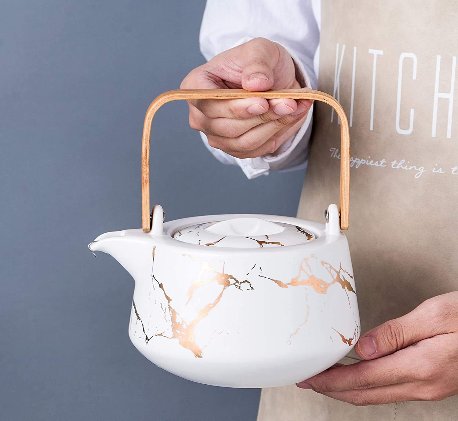 Style Japonais Service à thé en céramique, Théière élégante et 4 Tasses à thé avec Plateau en Bois pour Home Restaurant Tea Party - Motifs de Marbre (Blanc)