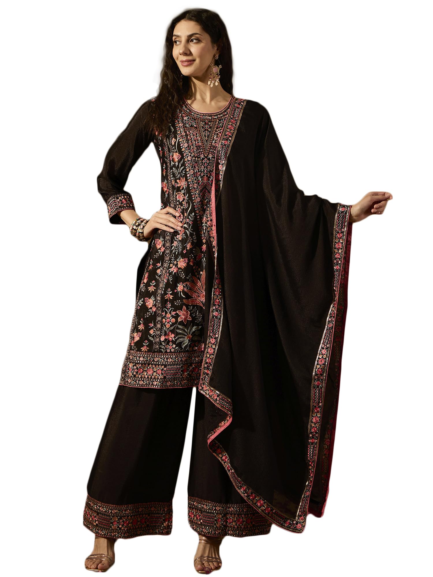 Women's Black Chinon Stitched Top With Stitched Bottom and Dupatta Full Sleeve Embroidered Straight Kurta-image-20