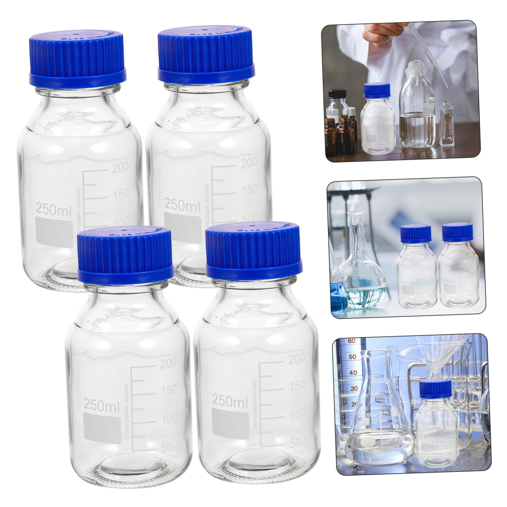 Bottiglia per Reagente in Vetro Graduata 250ml con Tappo a Vite Blu, 4 Pezzi, per Laboratorio e Aula, per Conservazione di Liquidi