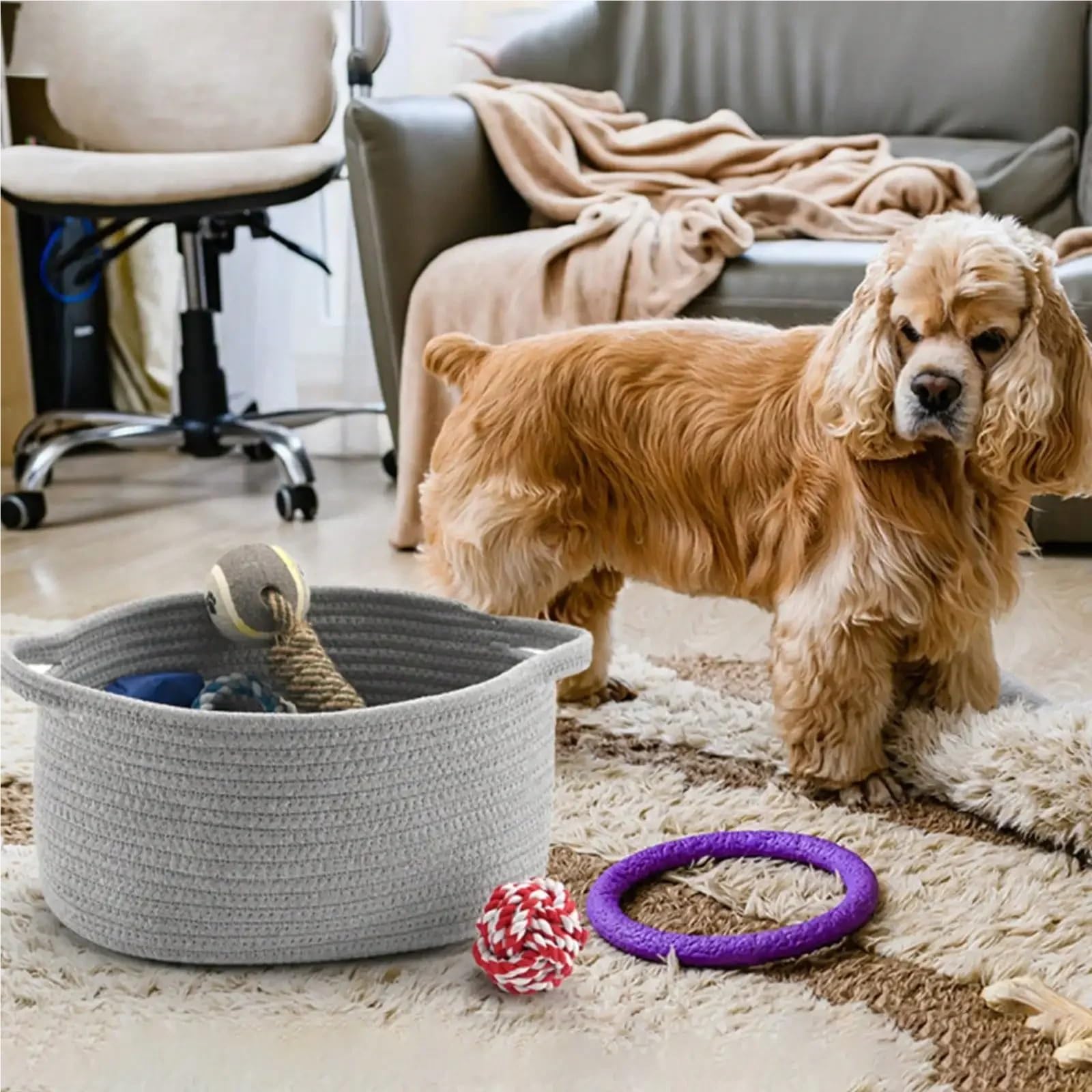 Cesta de almacenamiento tejida blanca con contenedor con asa para regalos con bolsa y cintas, organizador decorativo para mascotas (gris)