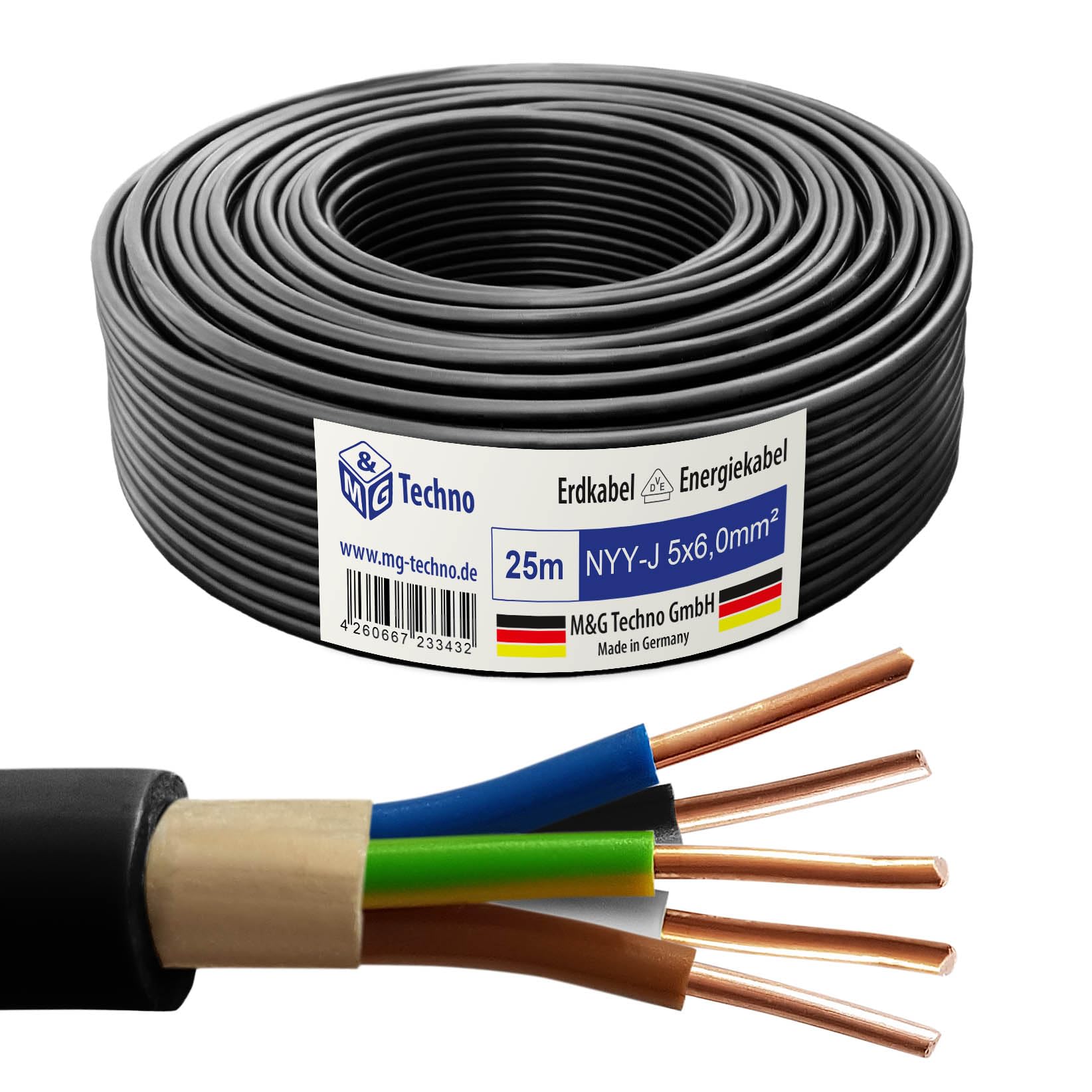 M&G Techno 25m NYY-J 5x6 mm² Erdkabel Elektrokabel Beton und Freien Kupfer Made in Germany