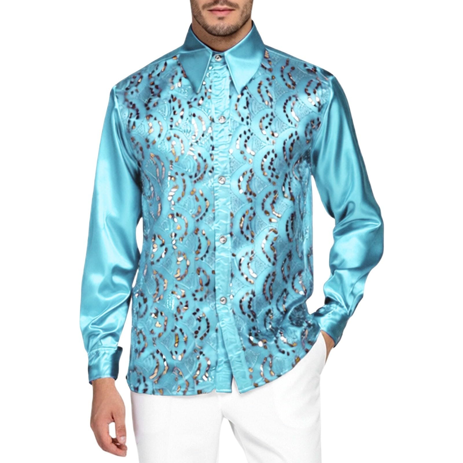 Men's Vintage Disco Shirt Men's Long Sleeve Sequin Stage Polo Shirt for Disco Nights and Clubs Perfect for Shows