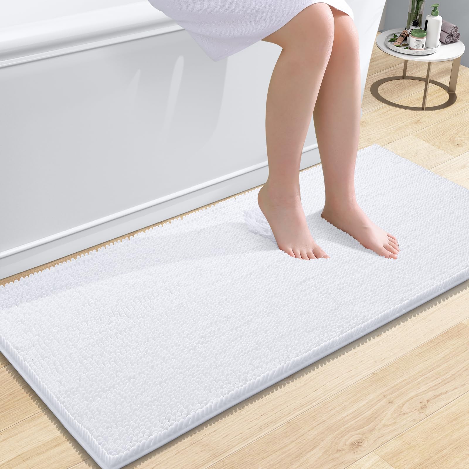 smiry Chenille Bath Mat, 60 x 120 cm, Non-Slip Super Absorbent Bathroom Mat Extra Soft Fluffy Bath Mats for Bathroom Thick Machine Washable Floor Mats Rugs Runner, White