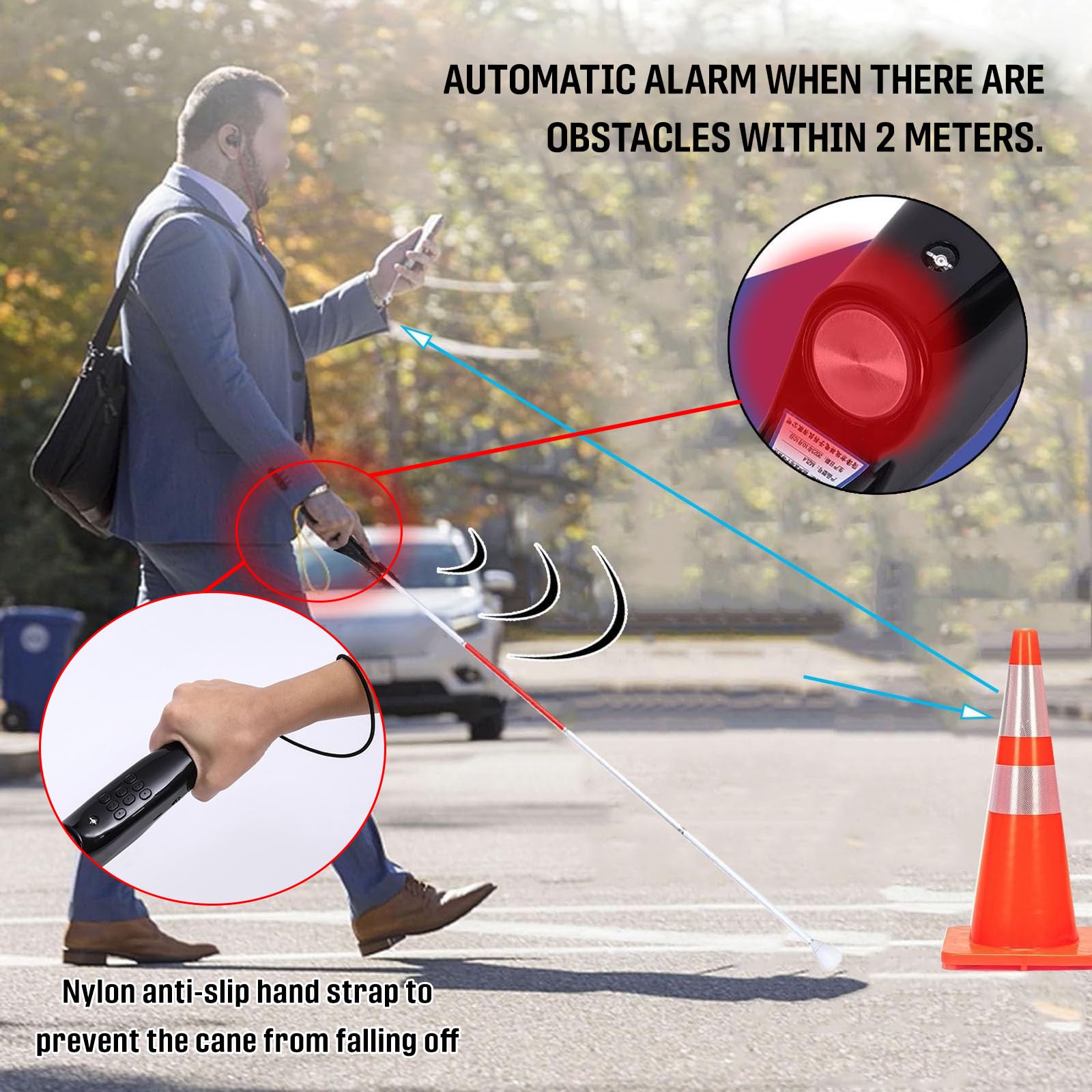 Bastón Ciego telescópico Inteligente, bastón Ciego Reflectante de aleación de Aluminio Detección de obstáculos Voz de Alarma electrónica