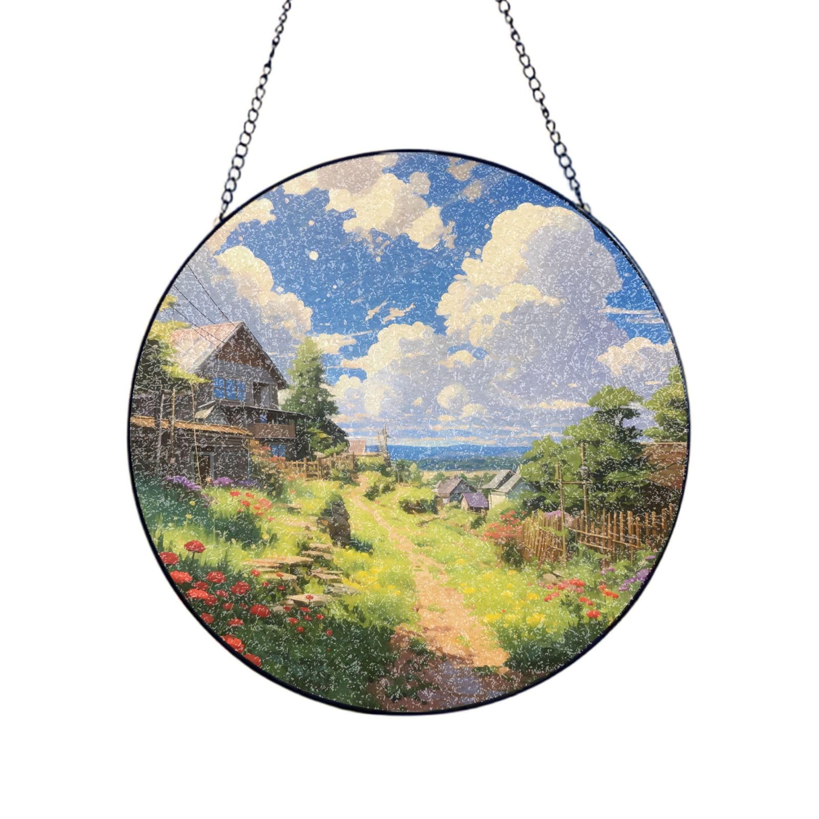 Poezjzw Stained Glass Window Hanging - Countryside Village Sun Catcher For Door Garden Home Decor Christmas Mother'S Day Birthday Gifts 10in（25cm）