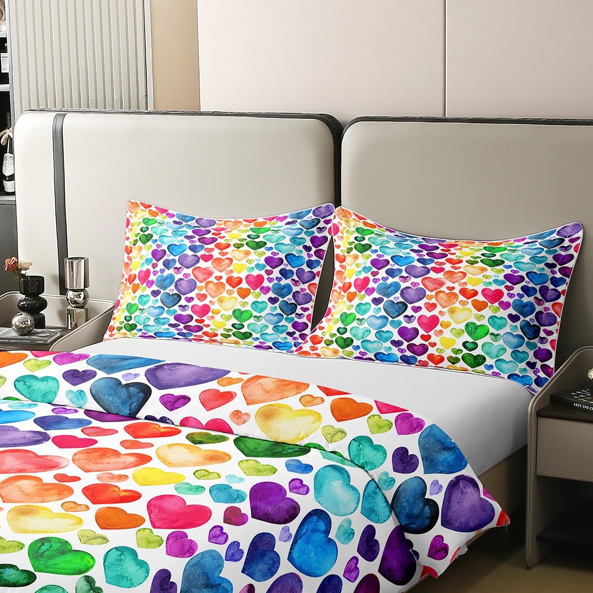 Loussiesd Liebesherz Betten Set Pärchen Buntes Liebesherz Muster Bettwäsche Set 135x200cm 100% Baumwolle Regenbogen Herz Bettbezug Set für Kinder Jungen Mädchen Raumdeko