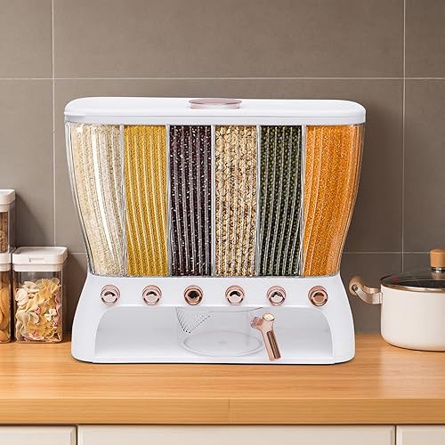 Miniatura 2 de Dispensador de alimentos secos, dispensador de granos montado en la pared con tolva de arroz, dispensador de granos de 6 compartimentos, recipiente