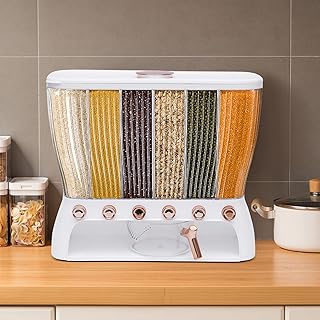 banborba Dry Food Dispenser, Wall mounted 6 Grid Beans Dispenser, Rice Dispenser Kitchen Storage with Measuring Cup for Store Flour, Sugar, Rice, Cereals, Nuts, Beans, Coffee