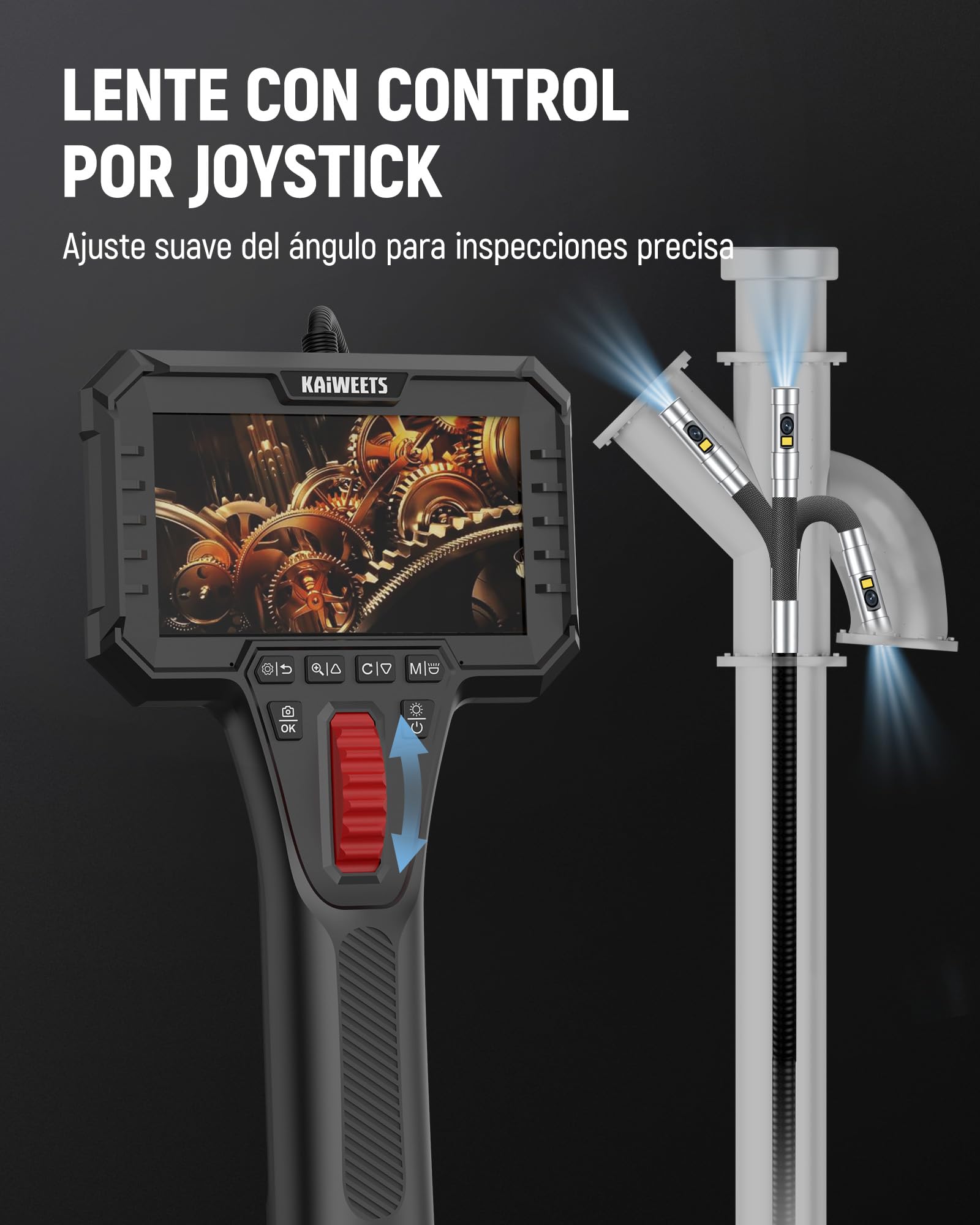 KAIWEETS Cámara Endoscópica con Luz, Doble Lente 210° Articulada con Control de Rueda, Sonda Delgada de 6,5 mm, Pantalla IPS 1080P, Cable Semirrígido de 1,6 m, IP67 Impermeable para Automoción y HVAC