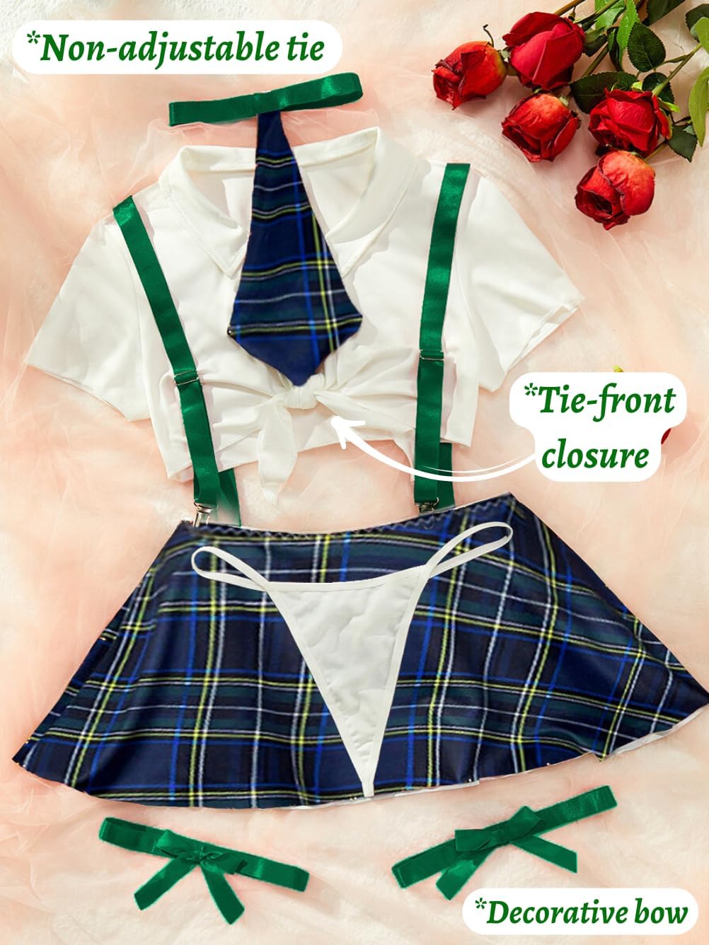 5 Piece Cosplay Costumes For Women,Halloween Lingerie Outfits,Tie Crop Top & Plaid Skirt Set - Image 4