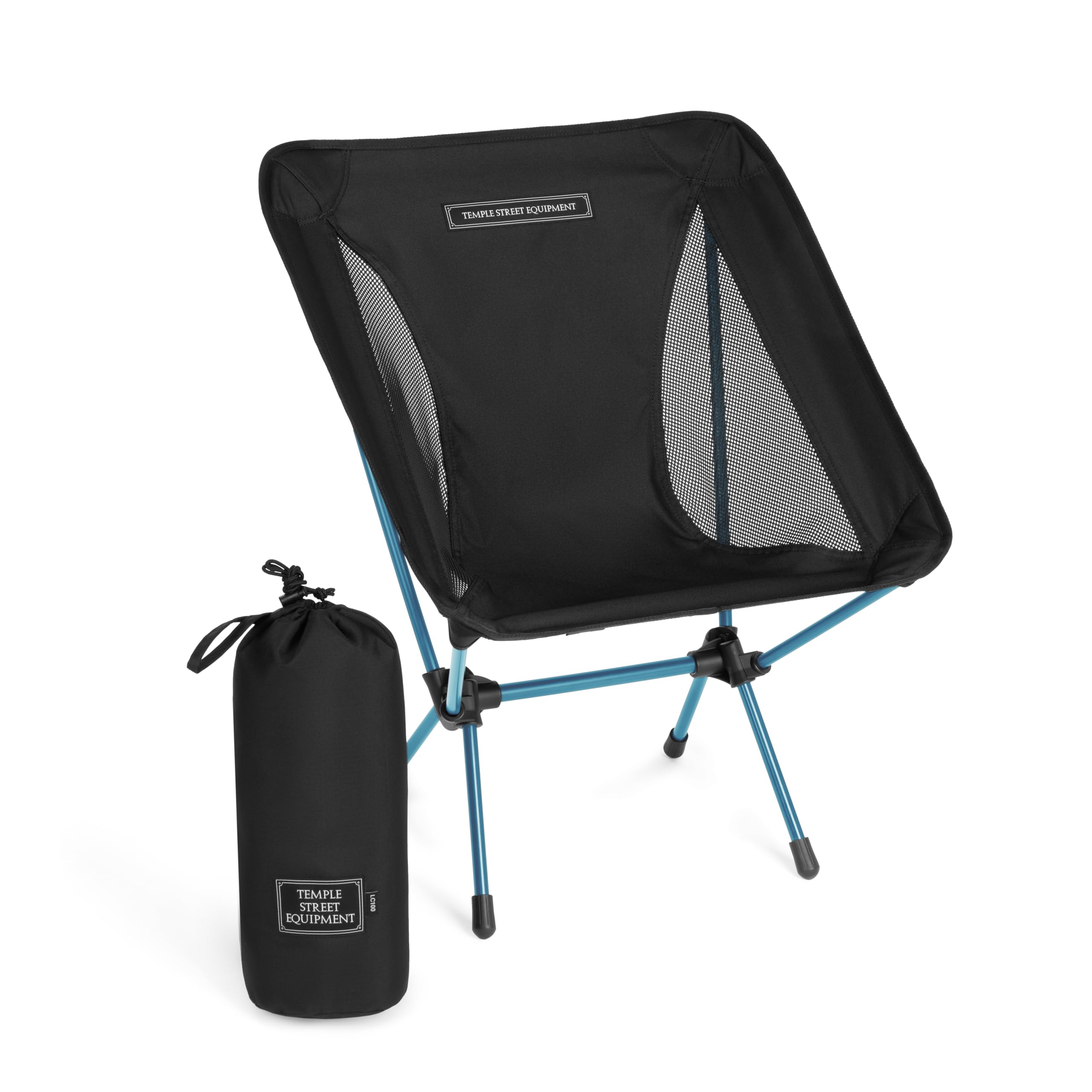 Temple Street Equipment TSE LC100 Compact Camping Chair, 2lbs Super Lightweight Outdoor Folding Chair, Portable for Hiking, Beach, Festivals, Urban Use or Garden Relaxation, Black/Blue