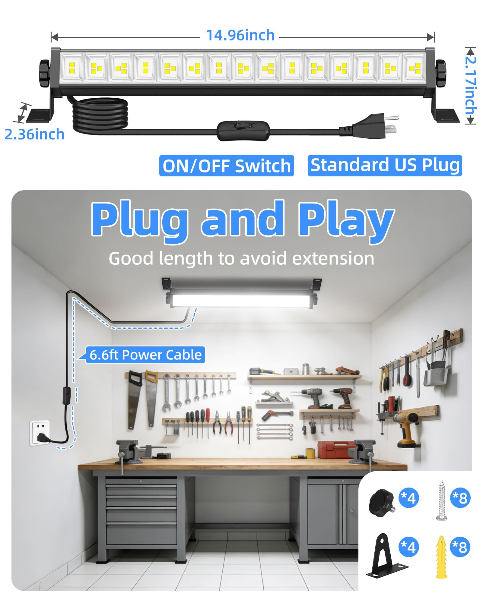 40W LED Shop Light 5400LM Brighter Plug in Garage Light with On Off Switch 6 6FT Cord 6000K — view 5