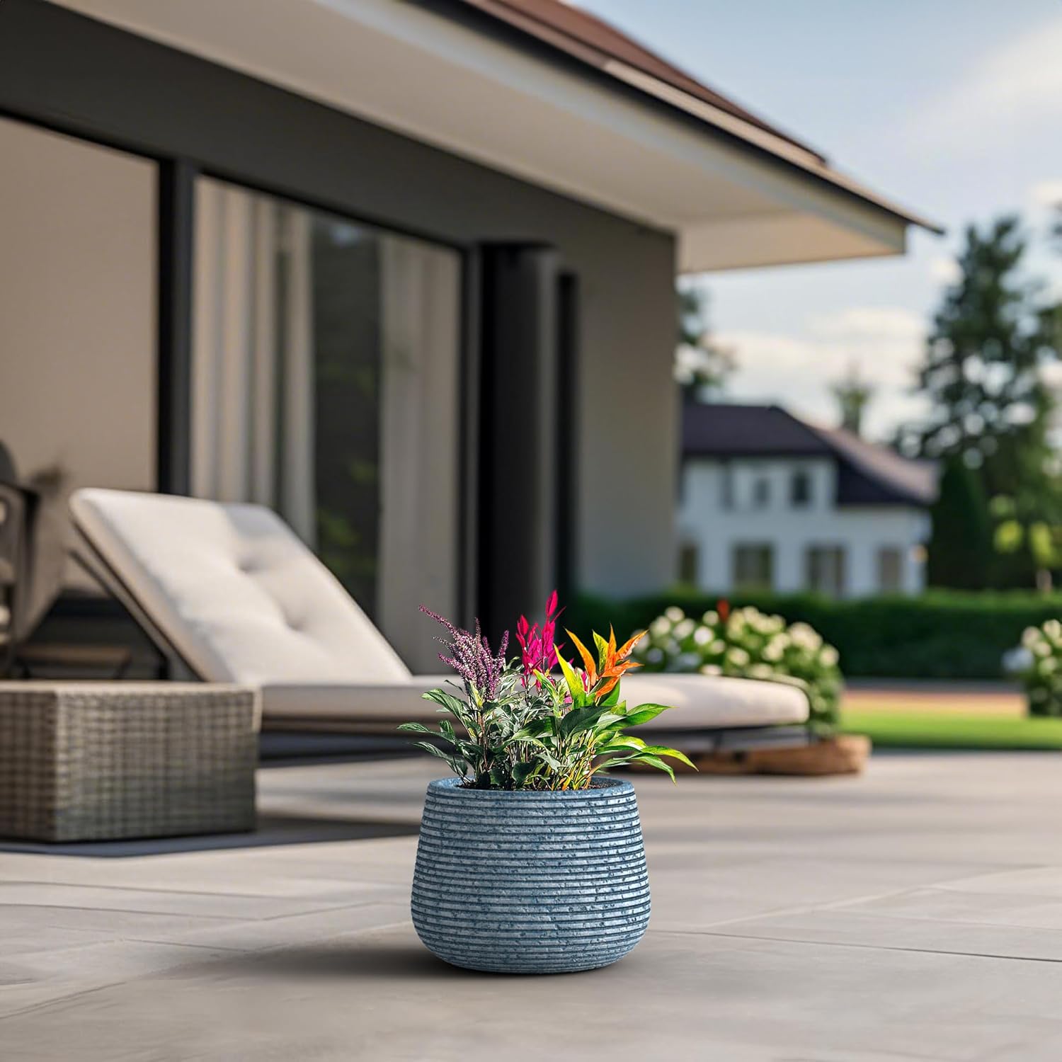 Round Concrete Planter, 12.5 Inch Dia Mineral-Toned Surface Plant Pot with Drainage Hole and Plug, Ideal for Succulents, Flowers and Trees for Porch, Patio or Home, Celestial Blue Vein