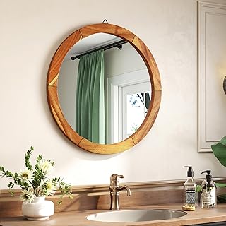 CHARMAID Farmhouse Wall Mirror - 27" Round Mirror with Solid Acacia Wood Frame, Rustic Wooden Vanity Mirror for Living Room, Bathroom, Bedroom, Entryway Wall Decor