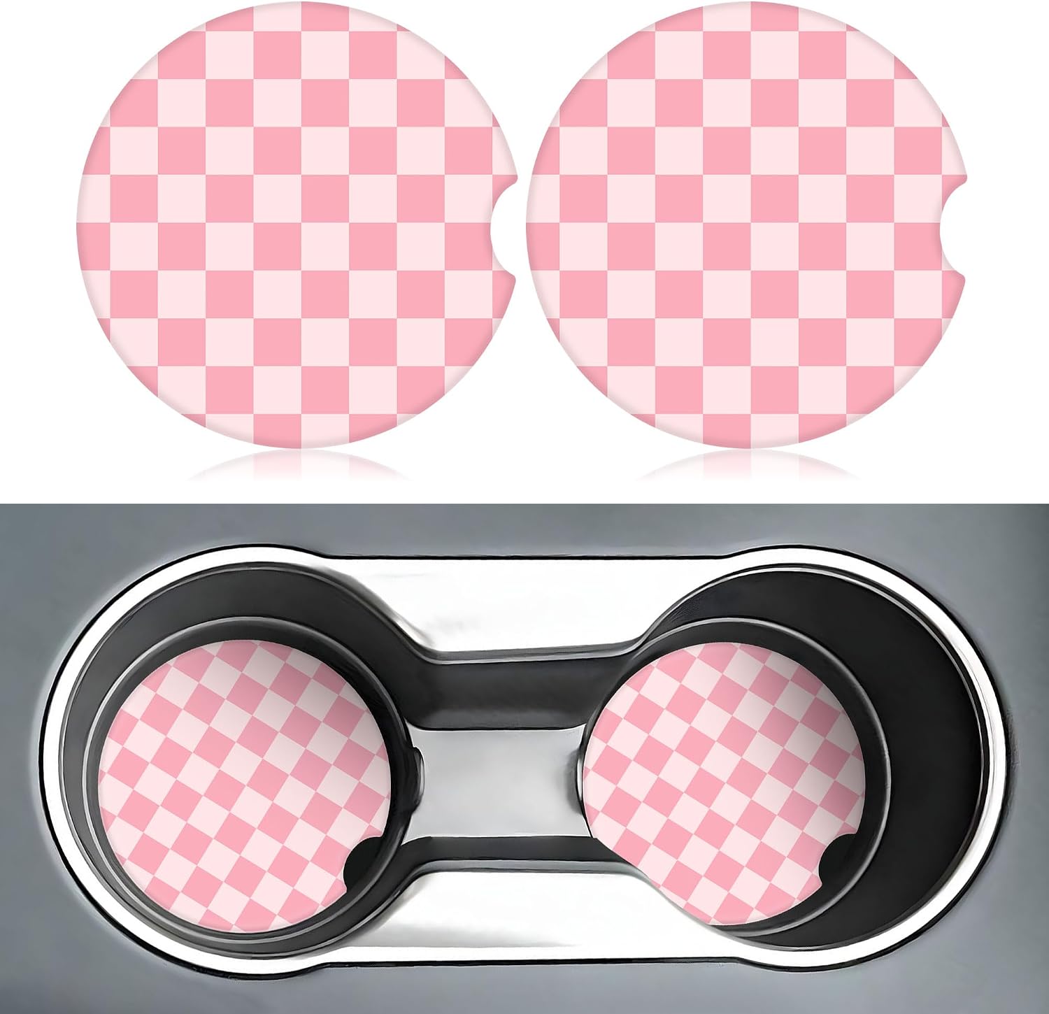 Pink Checkered Car Coasters for Cup Holders,2 Pack Car Cup Holder Coasters for Car,Ceramic Absorbent Car Coaster with A Finger Notch and Cork Base,Car Interior Accessories for Women Men