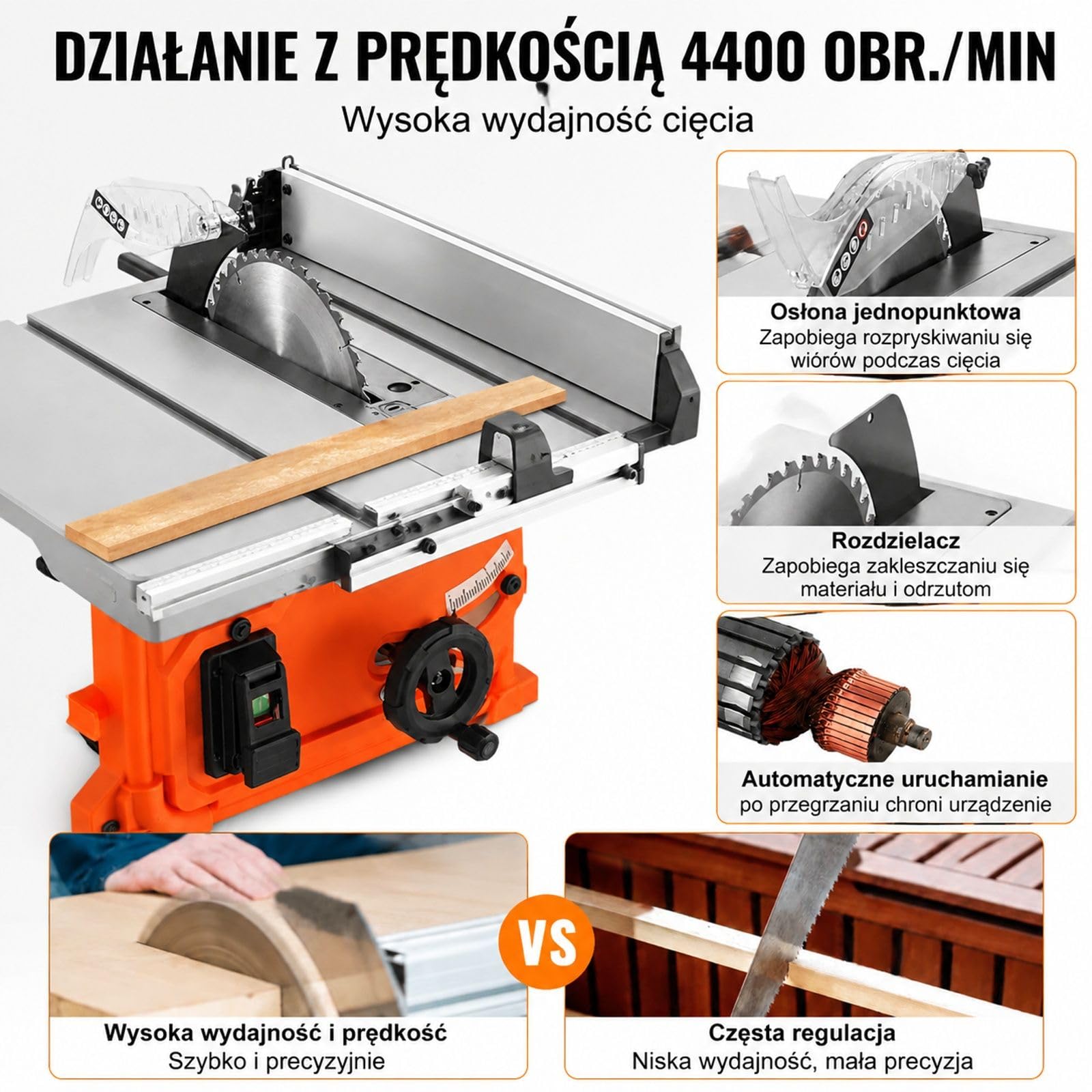 Piła stołowa 1800 W 4400 obr/min z prowadnicą równoległą, ogranicznikiem ukośnym, regulacją wysokości i nachylenia do stolarstwa garażowego