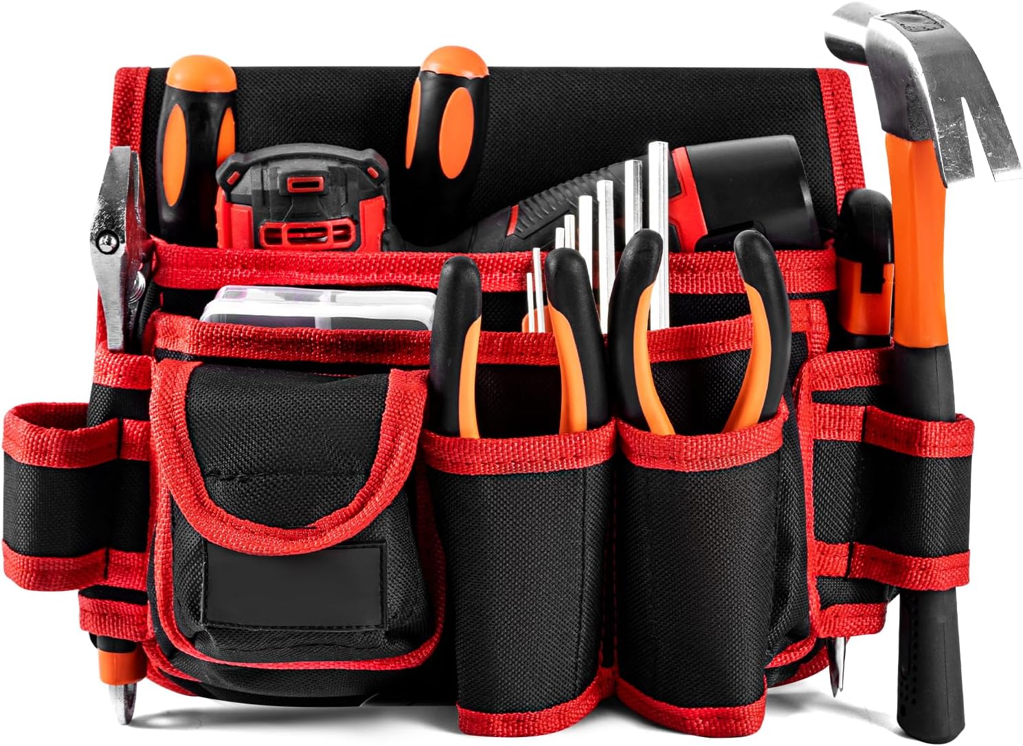 Ultra-Thick Men's Tool Belts Fits Waist 31”to 52” Adjustable Oxford Work Pouch with 15 Durable Pockets, Ideal for Repair & Electrical Work (Red, Extra Large)