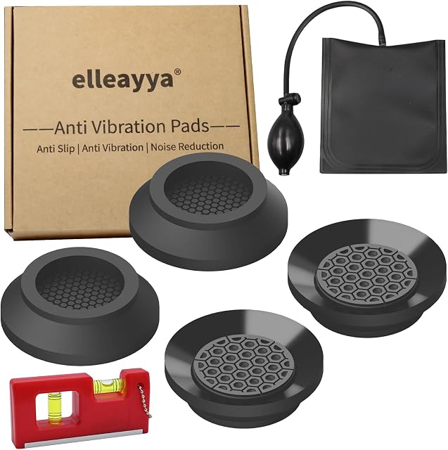Plaquettes anti-vibrations pour laveuse – Plaquettes d'aspiration en caoutchouc non glissant (noir, rond, pieds) ≤2", Ascenseurs 0.4"), Convient à la plupart des marques (Samsung, LG, Whirlpool), avec laveuse & Kit de nivellement du séchoir