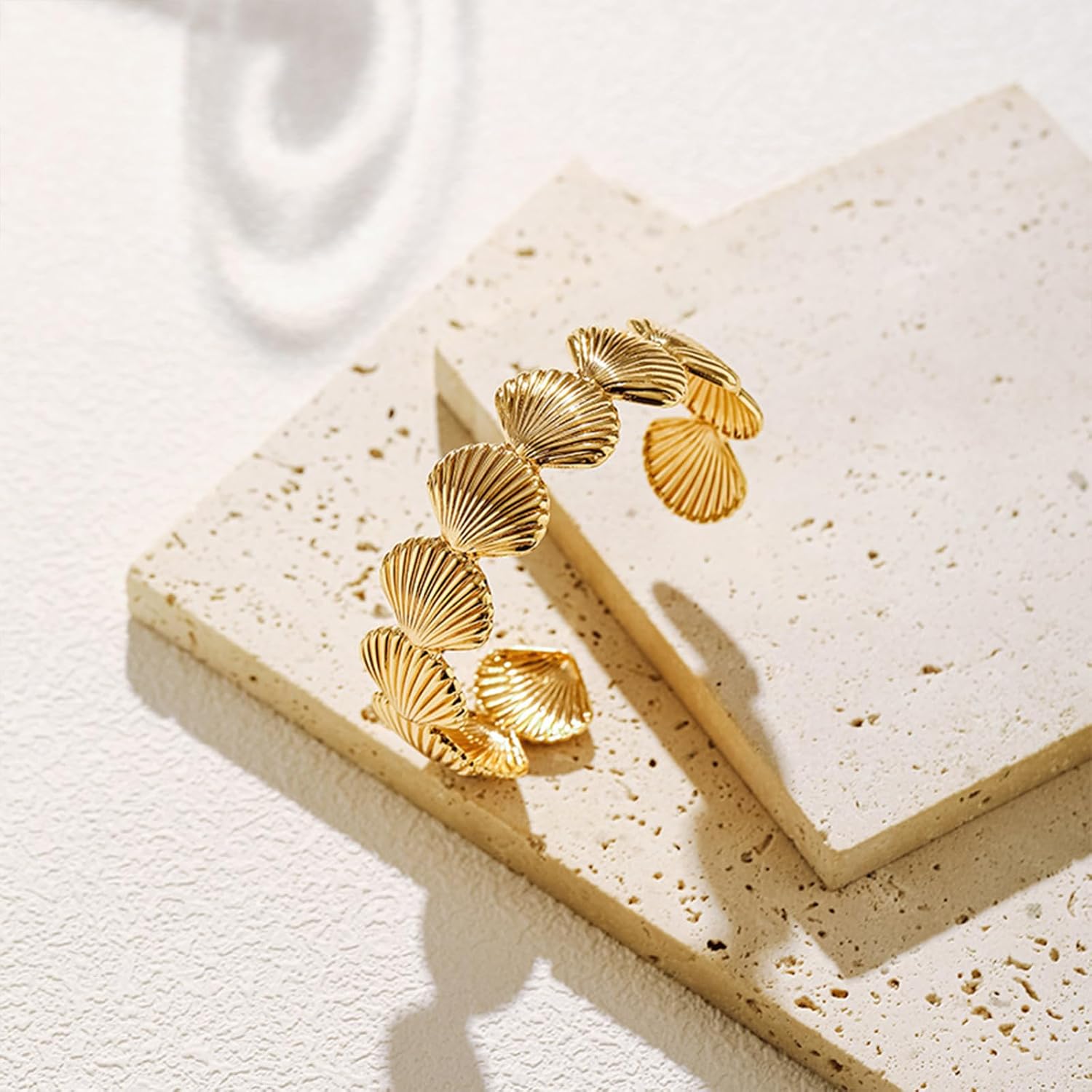 Trendy Gold Plated Shell Cuff Bangle Bracelet for Women, Handmade Statement Seashell Stackable Open Bracelets Summer Beach Fashion Jewelry Gift - Image 5