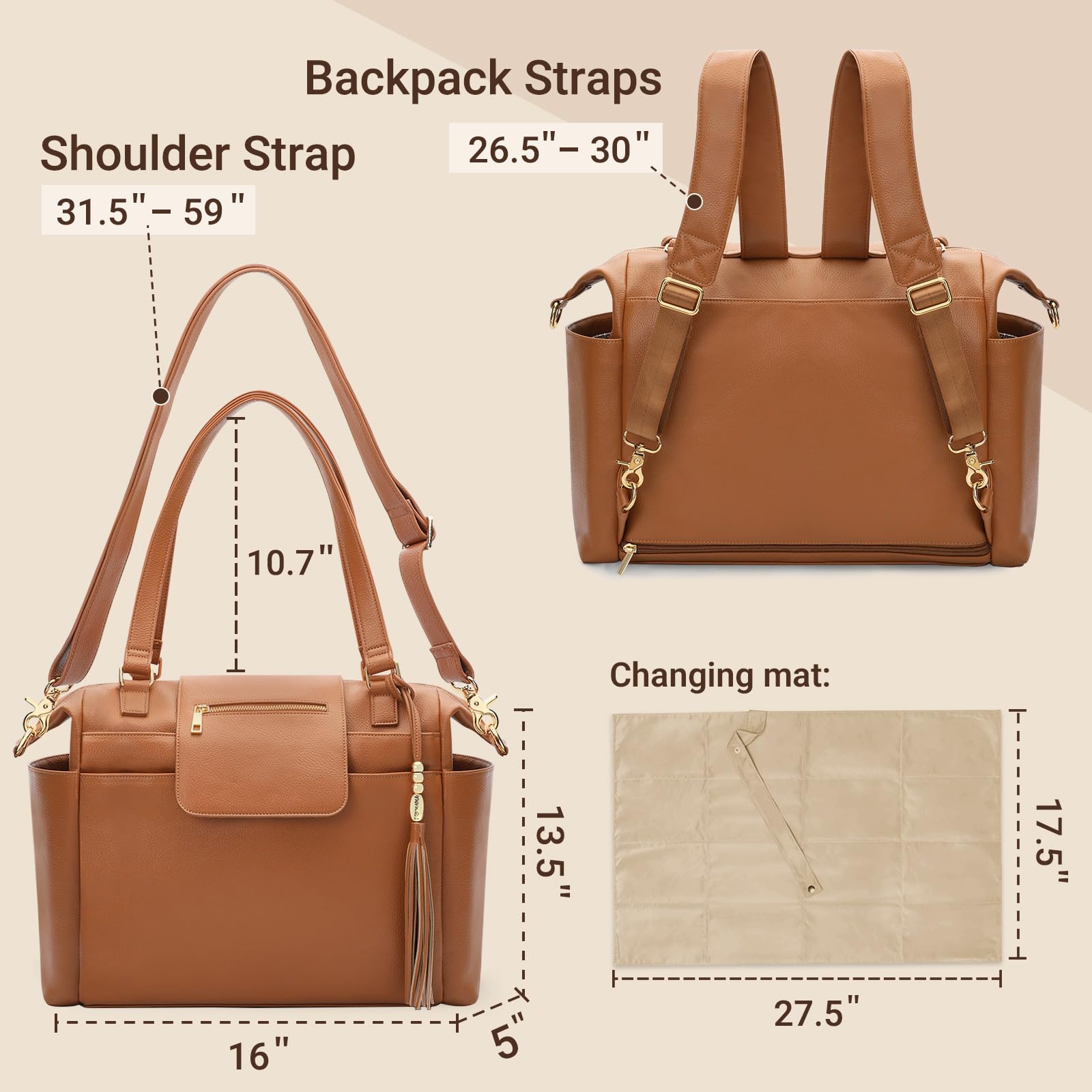 Omanmoli Wickeltasche, Leder, Wickeltasche, Rucksack, große Babytasche, 14 Wickeltaschen, Wickelunterlage, Crossbody-Gurt, 4 isolierte Taschen, Braun