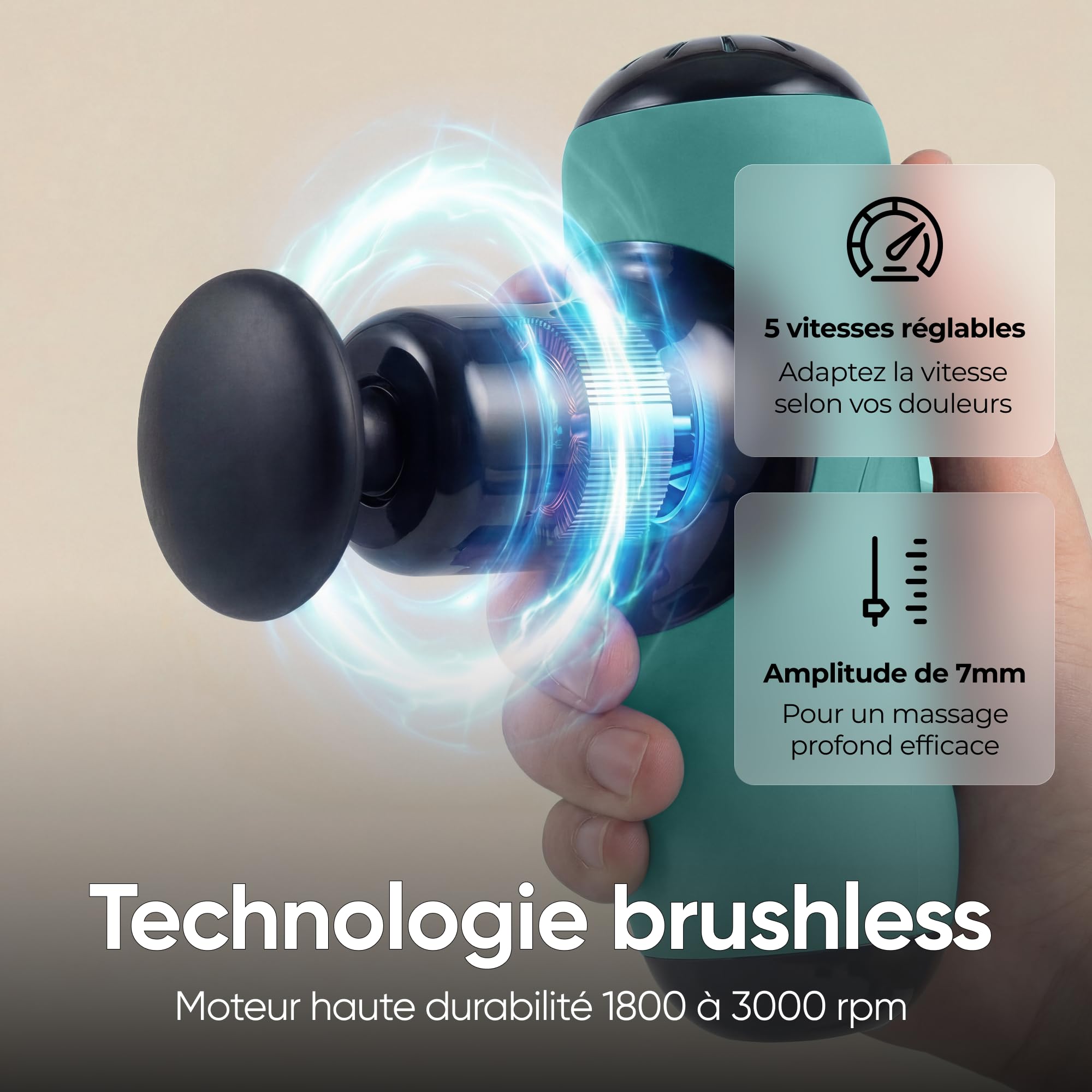 Mini Pistolet de Massage Musculaire Pulsea – 5 Vitesses, Massage Profond, Ultra Silencieux <45dB, Rechargeable USB-C, 5 Embouts, Compact & Portable pour Sport et Récupération (Vert)