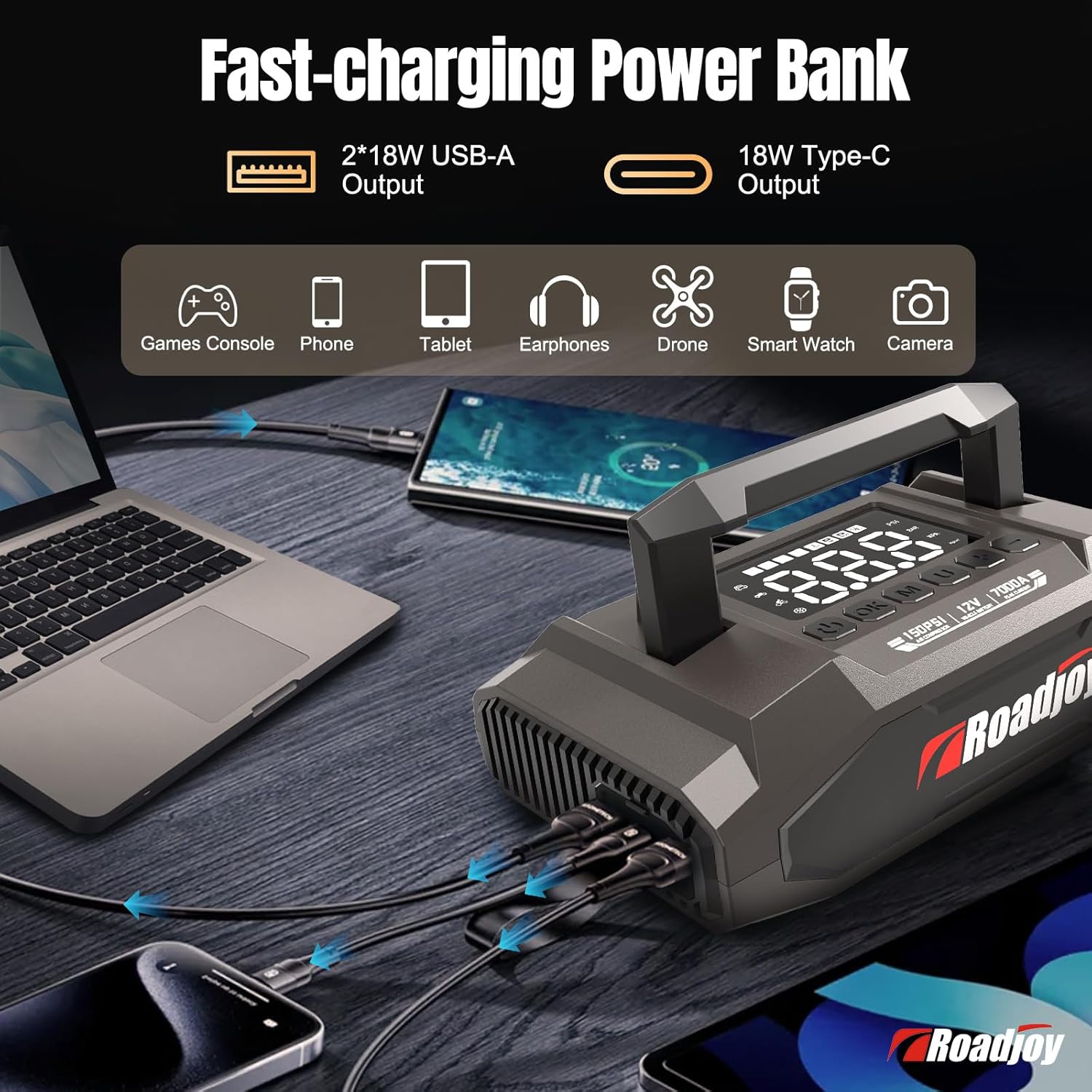 Roadjoy J1207P unit being charged and used as a power bank